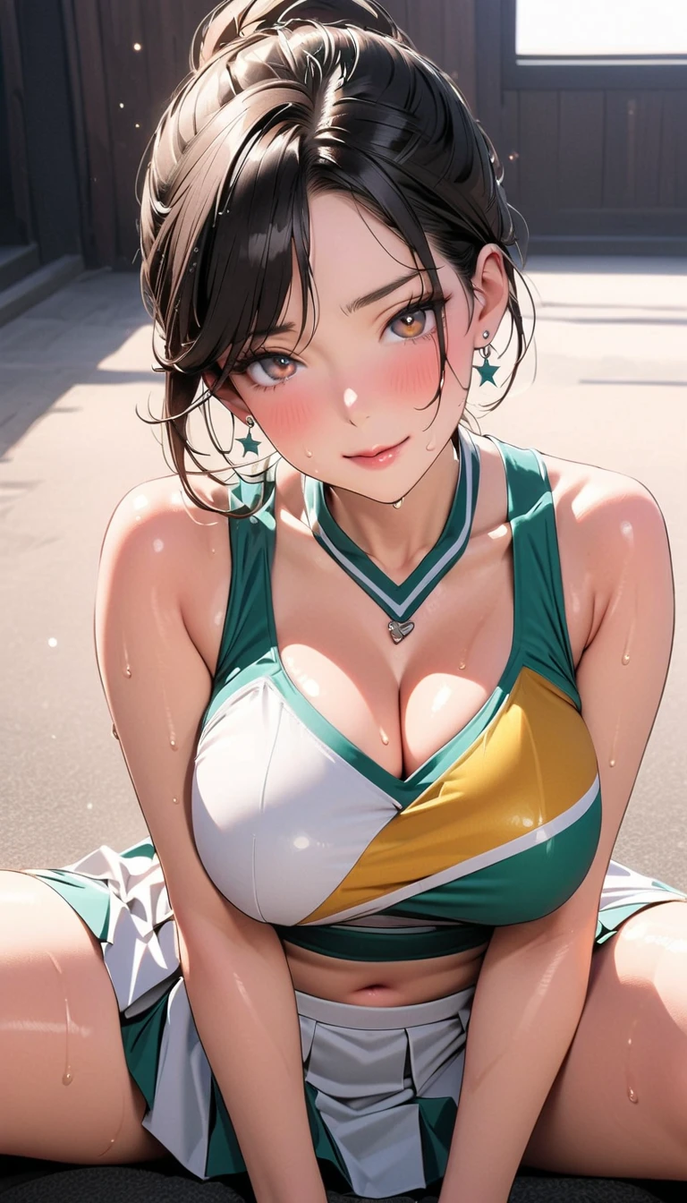 Sailor Jupiter, geen eyes, brown hair, long hair, ponytail, stunning proportions, white background, extremely detailed, full body shot, vagina, (cum, sweating, wet, dripping), spread legs, gentle smile