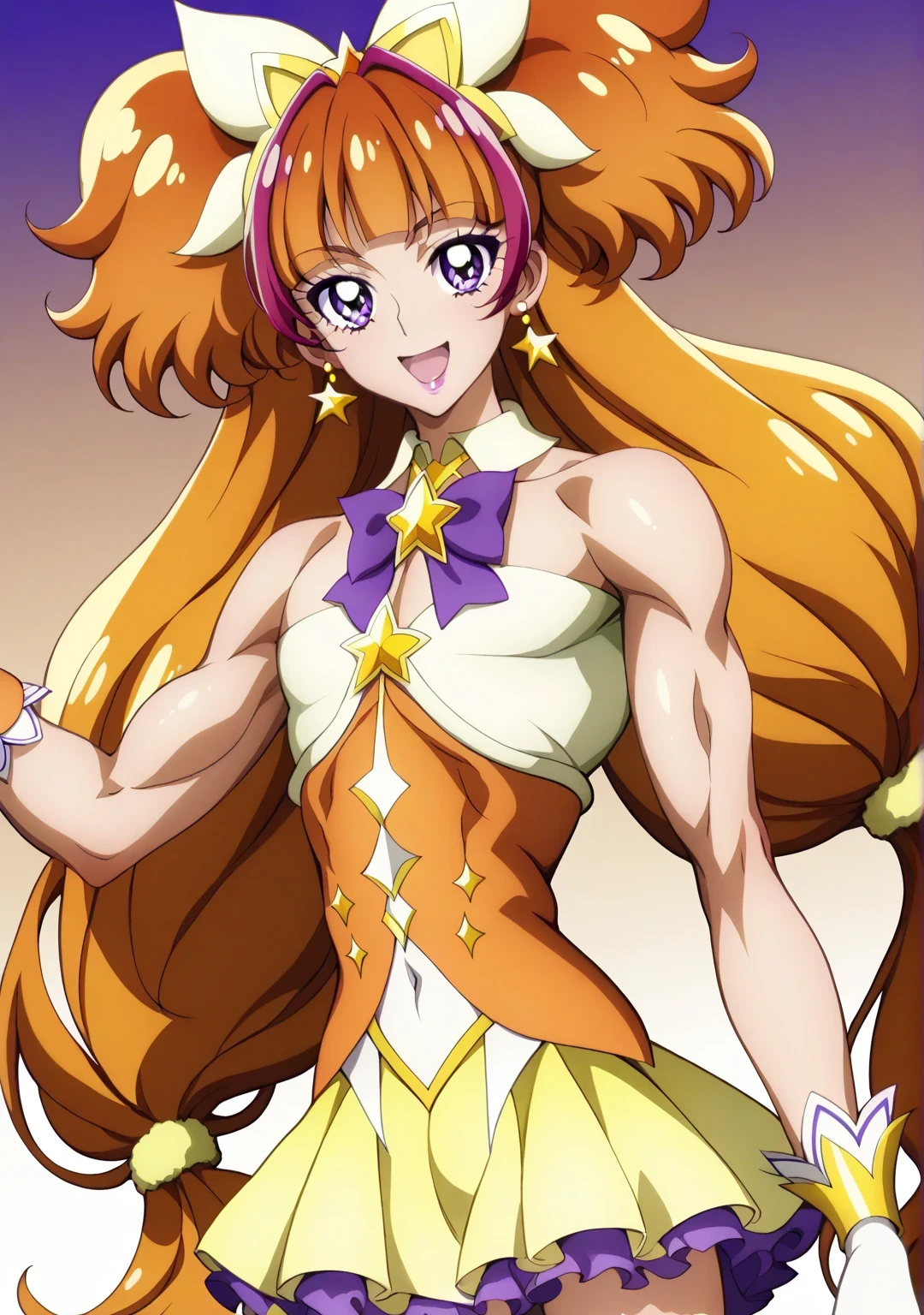 score 9 、score 8 up、score 7 up、source anime、masterpiece、Highest Quality、high resolution、anime coloring、1boy、cure twinkle、(male:1.ellow mini dressを着た男性、boy with orange brown twintails hair、official art、solo、long hair、orange hair、low tied long hair、multicolored hair、brown hair、two tone hair、gradient hair、streaked hair、blunt bangs、high short twintails hair、low two side up hair、quad tails、Jewelry Brooch、Muscular and strong、white boots、strapless dress、sexy、thigh boots、Strong muscles、YELLOW MINI SKIRT、purple bow、yellow bow、Sparkling Magical Boy、sexyな雰囲気、purple mini skirt、layered skirt、ultra mega super hyper sexy、purple mini skirt under yellow mini skirt、Masculine and muscular、Official Artwork、Anime Prince、purple eyes、 headquarters artwork 、Muscular Man、wrist cuffs、purple bow tie、orange belt、collarbone、covered midriff、covered abs、covered navel、 covered stomach、upper pectoralis major、covered pectoralis major、biceps、biceps long head、biceps short head、triceps、triceps medial head、triceps lateral head、triceps long head、trapezius、deltoids、anterior deltoids、middle deltoids、posterior deltoids、thigh muscles、semitendinosus muscles、covered hamstrings、covered adductor magnus muscles、fanart、Beautiful、bare shoulders、bare arms、 cool anime boy 、(manly:1.ellow mini dress、sexy boy、cool boy、adult boy、white thigh-high boots、dress up darling anime、naughty smile、lewd smile、Official Anime Artwork、sexy male、Magical Aura、lewd male、perfect body、perfect hands、perfect arms、perfect legs、 male focus、looking at viewer、cure twinkle outfit、solo focus、cowboy shot tearing clothes and pants、(male body:1.6)、beefcake style、(manly face:1.6)、orange background、purple background、gradient background、two tone background、multicolored background、