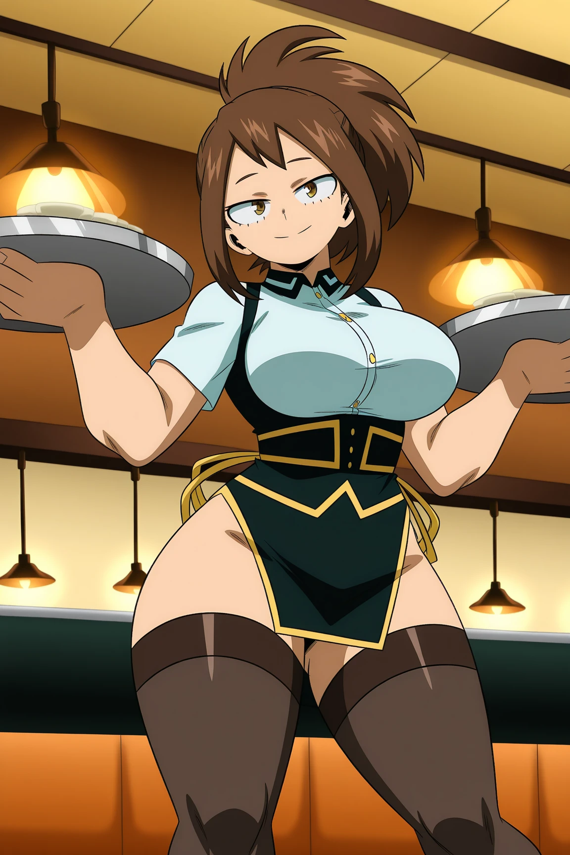 amicia michella - nijisanji, anime style, 1boyl, brown short hair, yellow inner hair, wavy hair, green eyes, detailed eyes, midriff, girly face, seductive, thin lips, painted lips, shy smile face, wide hips, thick thighs, huge round ass, medium breast, bulge, bunny ears ornament, black bunny suit, high-neck collar, bow tie, thigh high, garter, full body, dynamic pose, night pool, nsfw