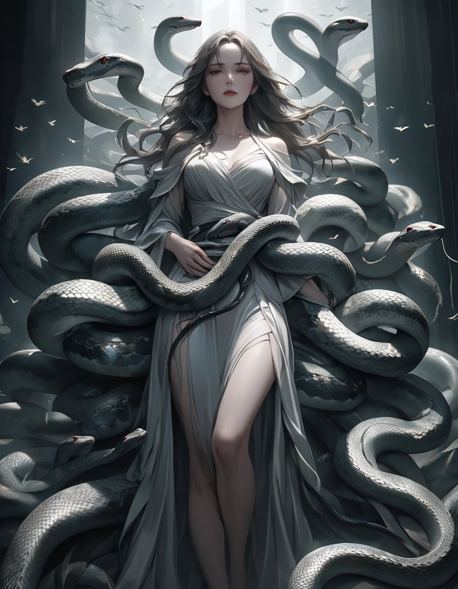 The tall and strong Queen Medusa,Perfect looks,The lower body is super long and gorgeous snake body,Snake tail,Large area scales,It had a waterfall-like strand of fiery red hair scattered on the ground。,Extra-large big breasts,There are abs on the thin waist,Unbelievably exaggerated huge buttocks,The huge lower body snake body snaked behind him,full bodyesbian,full body shot shot
