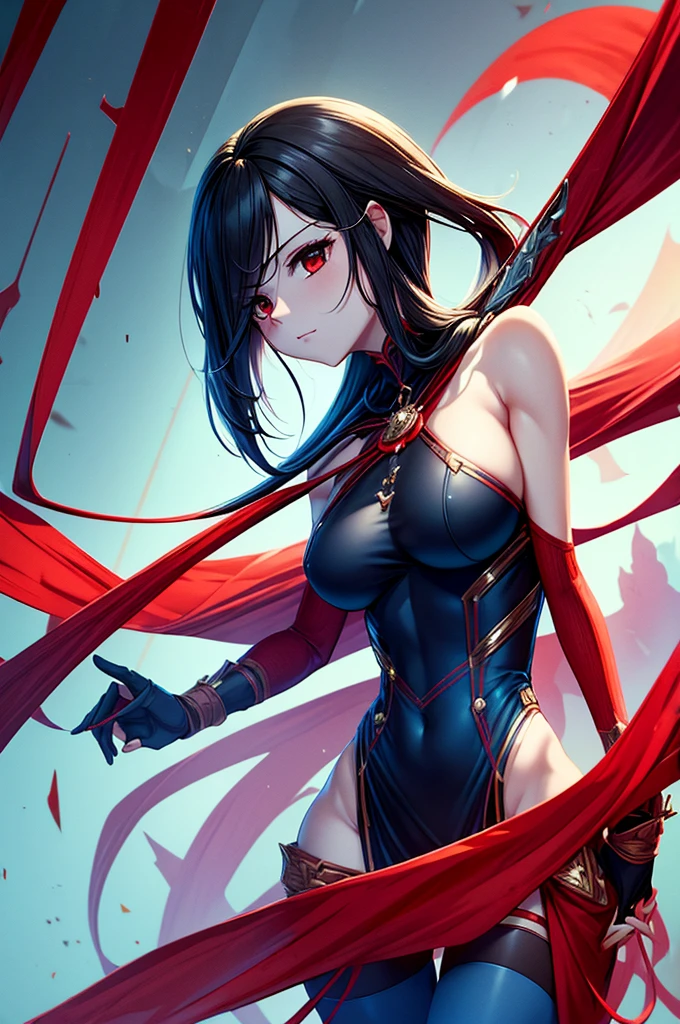 Highest quality、Highest quality、Masterpiece、girl((Age 25、as soon as、Highest Bust、Medium Bust、Wide open chest、Red glowing eyes、Black Ear、Red Mesh、Disheveled Hair、Loincloth、thin、The best valley、Open chest、Luminous Wristbands、hair ornaments、Full body view、Tank top、Black ninja costume、scar、Full body scar、Fighting Pose))、high quality、Beautiful Art、background((night、Ninja World))、flight、Flying Debris、Depth of text、movie、Visual Arts、Perfect Art、8K、Genuine、