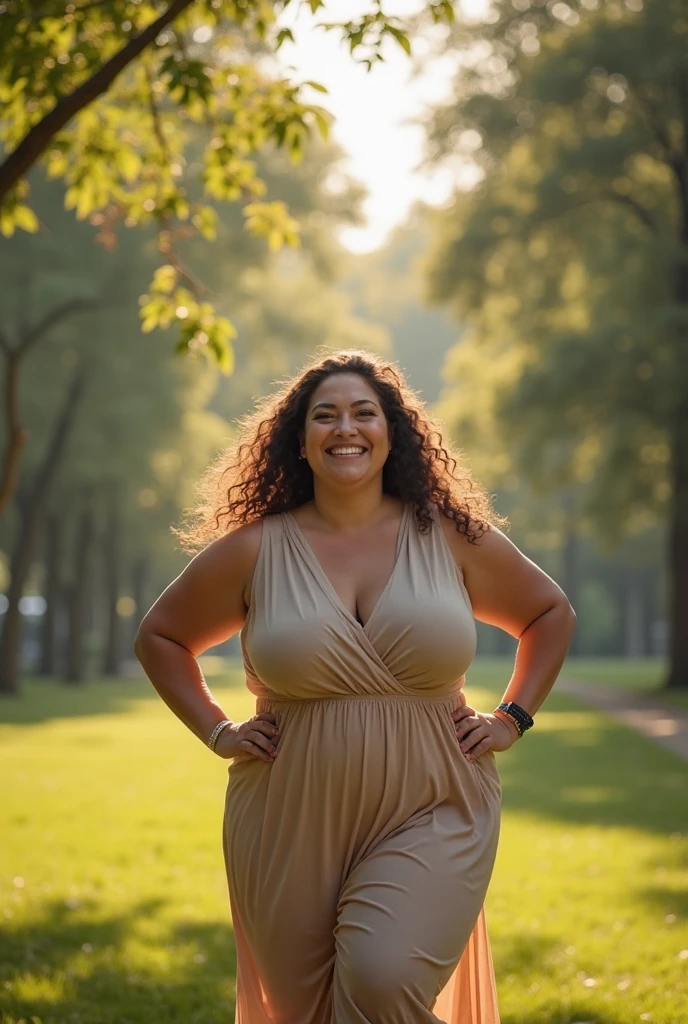 centre composition. subject low in picture. 40 year old curvy, plump, Mexican woman, smiling, detailed features, wrinkles showing the wisdom of years well lived. alluring sexy sensual woman wearing, loose, causal outdoor clothes, standing on high hilltop above Mexican village. vintage photograph. 8k cinematic. hyper-realistic.