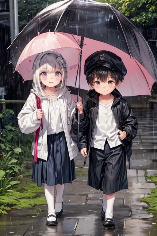 Photo of parent and child holding umbrella on rainy day、Umbrellas are great、bustup、Eye Up、The road surface is wet、She enjoys the rain
