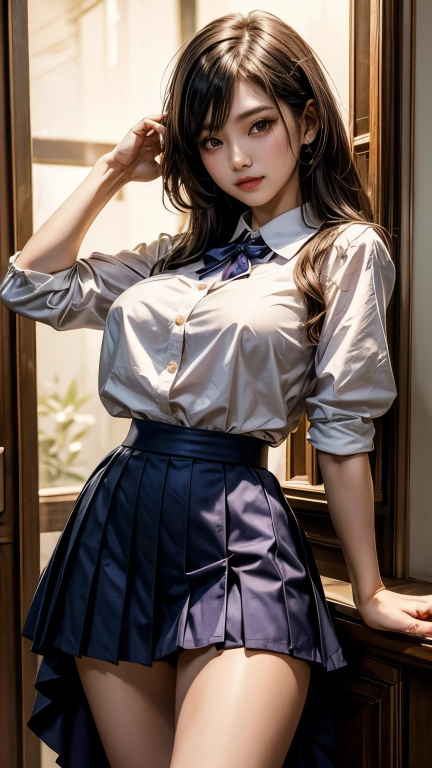 muste piece, best quality, illustration, Super detailed, fine details, High resolution, 8K,wall paper, perfect dynamic composition,(Details High quality, realistic depiction of eyes:1.3), (wavy hair:1.2), (Black Sailor Uniform, serafuku, Navy pleated skirt), (nup, see through, wet:1.2), huge breasts, black hair color, Big Natural Color Lip, bold sexy pose, crying a little、cold gaze, Harajuku style、20 year old girl、cute type、lolita、beautiful legs, hotel room, full body photo、focus on crotch, hposing Gravure Idol
