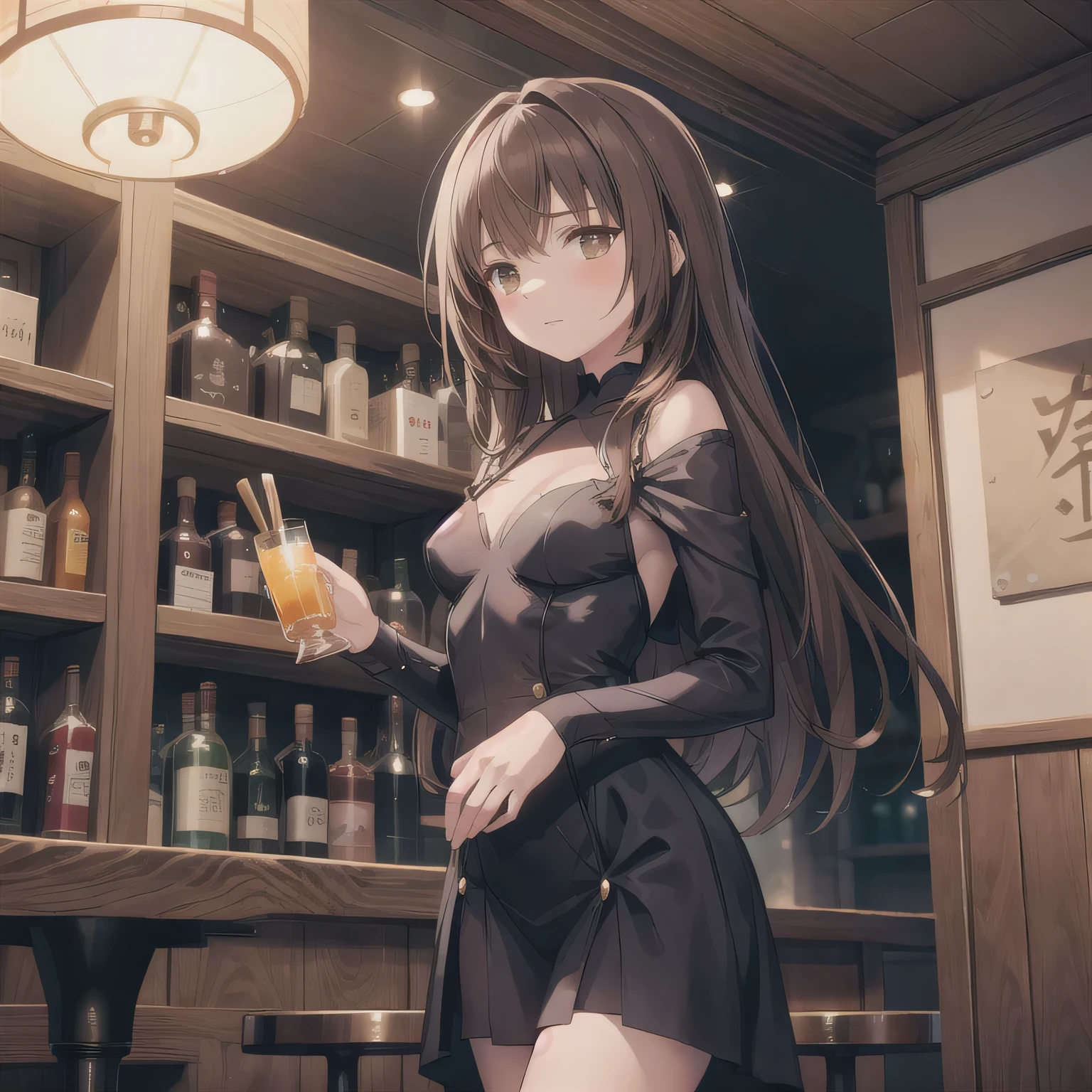 a woman with long brown hair, green eyes is sitting in a nightclub or bar against the background of bright lights of the dance floor with a drink in her hand. black short minidress