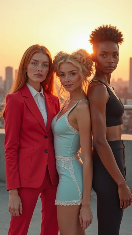black girl and her white best friends, arms crossed, she is the leader, setting is a large luxury patio, tan furniture, natural lighting, view of Washington DC, futuristic, detailed, hd, wearing gucci