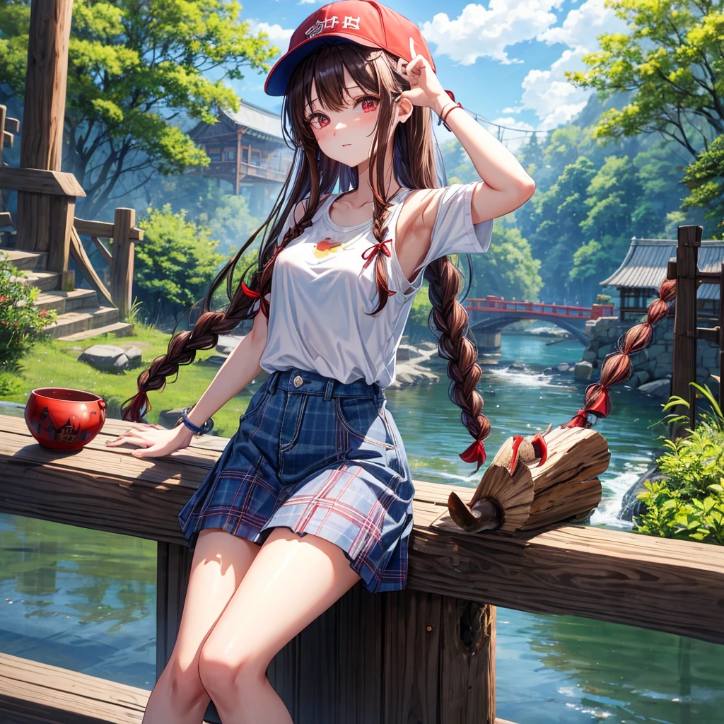 ((masterpiece):1.3),((best quality):1,3), CG, anime, ((kamado nezuko)), ((full body)), (1girl, medium breasts, white shirt and denim shorts, bamboo, gag, brown hair, big gag, gagged, gradient hair, hair ribbon, long hair, looking at viewer, multicolored hair, orange hair, ((pink eyes)), sitting on a rock by a river