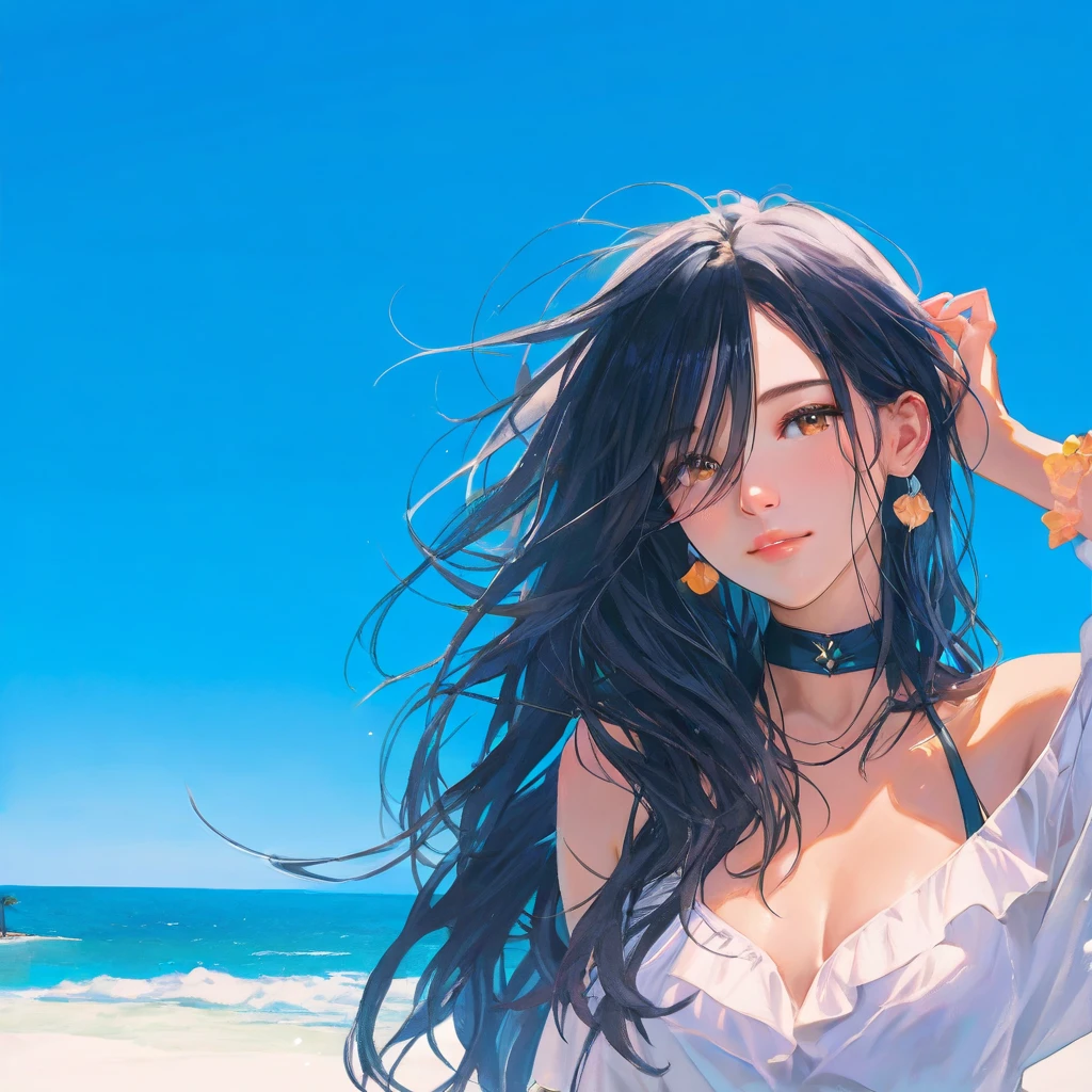 (logo、masterpiece、8k、Tabletop、RAW Photos、wonderful、最high quality、Photorealistic and Very detailed CG integrated 8k wallpaper、high quality、Very detailed、Narrative poem、Particle Effects、Dynamic Effects、Written boundary depth、Cinematic Light、Lens flare、Ray Tracing)、Fantasy、 (One beautiful woman、White pants、White T-shirt、White tube top、White crop top、Black-haired、Beautiful Face、True Face、Beautiful details、eye、Beautiful Skin、Ultimate Body、glamorous)、私の髪はWindに舞う、Hair flutters in Wind、Hair bounces、Seaside、wonderful景色、Coastal、sunrise、Sun in the background、Wind、Beach