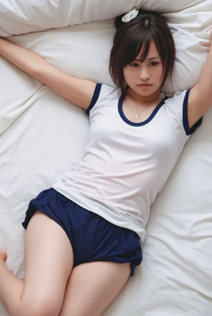(Solo), (a detailed full-body RAW photo of a girl), (masutepiece:1.0), (Best Quality:1.4), (超A high resolution:1.2), (Photorealistic:1.4), 8K resolution, Canon EOS R5, 50 millimeters, absurderes, ultra-detailliert, (18yo), Cinematic lighting, Detailed beautiful face, (no-makeup:1.2), (ulzzang -6500-v1.1), petite figure, Detailed skin texture, (flat chest:1.4), (skinny and fit body:1.6), Detailed brown hair,(Very short hair:1.5), See Through wear, No bra, (Nike, Blue and white fitted polo shirt with erect nipples and thin miniskirt:1.5), up skirt, Wind, realistic glistening skin, Detailed texture, Cameltoe, well-developed abs, Dynamic Pose, Panty shot from below, Blue sky, (sun burn), (Lie down on the bed with your legs spread:1.5), (spread crotch)
