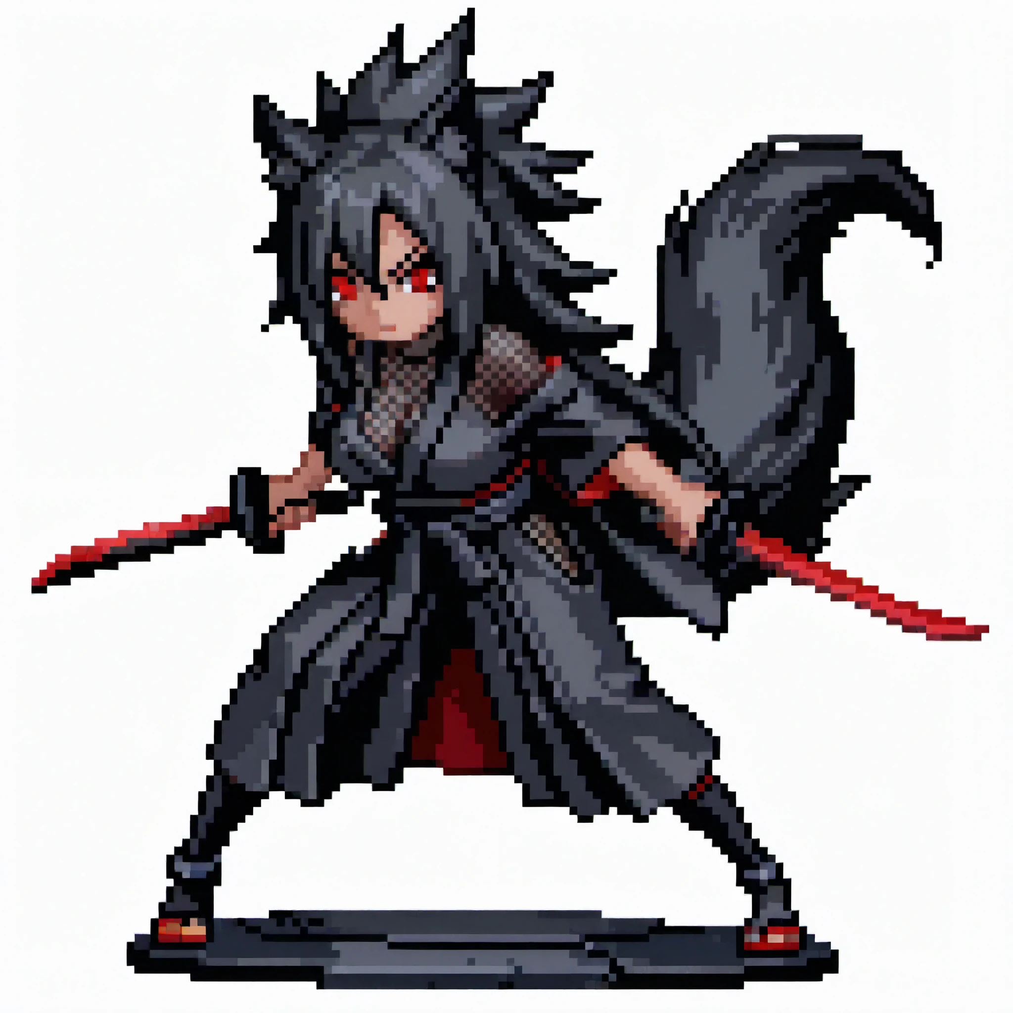 masterpiece, combat stance, breasts, full-body, cat girl, anime girl, black fur and black long hairs, uchiha madara hairstyles, voluminous spiky hair with multiple sharp points spreading outward and giving a dynamic wild appearance, wearing black ninja mesh underneath a long black kimono with dark red accents, large long black hakama, fluffy tail, red eyes, slit pupils, armed dual wielding with two dark katana, white background, dark tanned skin, no background