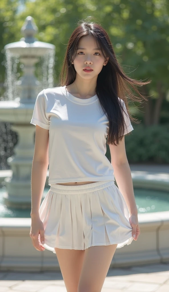 a beautifull 15 years old girl, white skin, masterpiece, textured skin, super detail, high details, high quality, 8k, she looking at sky
wearing a shirt, stomuch visible, stomuch visible, small skirt, wearing a eyer rings, littile smlie, wet body,
