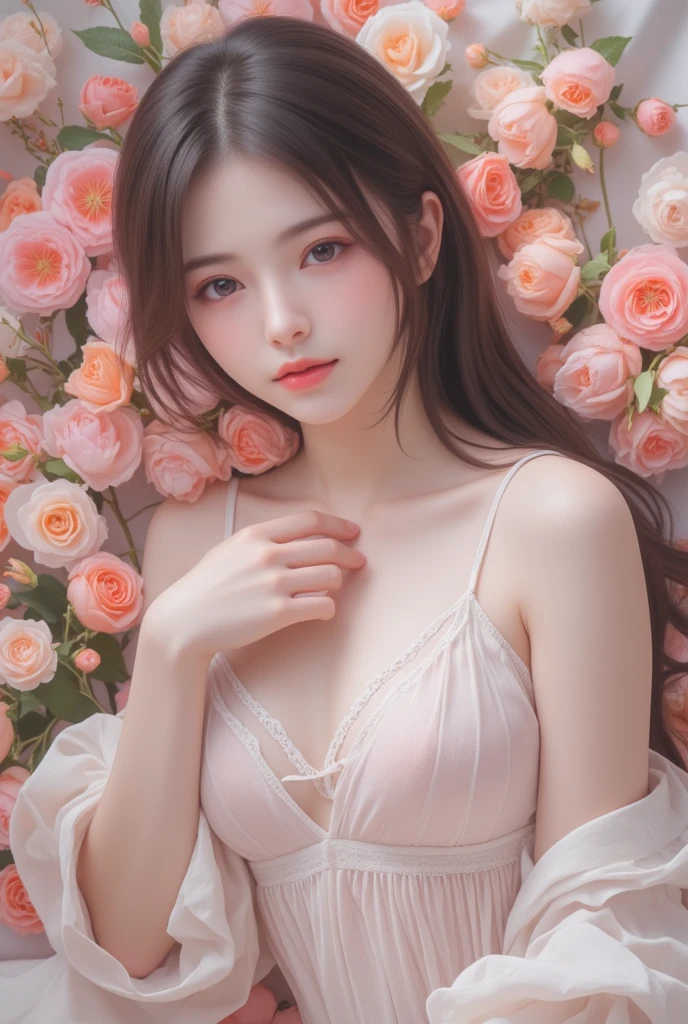best quality, Ultra-high resolution, (Realistically:1.4),Cute hairpin,Baoyu girl,Standing in the wedding hall,(flat chest:1.2) ,A pair of clear and charming peach blossom eyes,Royal sisters,Sunshine on the face,Big wavy hairstyle,(necklace:1.2),(White skin:1.4),Sense of atmosphere,A beautiful girl,Look directly at the audience, Cleavage close-up ,(lifelike:1.4),1 girl,Sexy,(Upper Body:1.4),(wet),(:1.2)