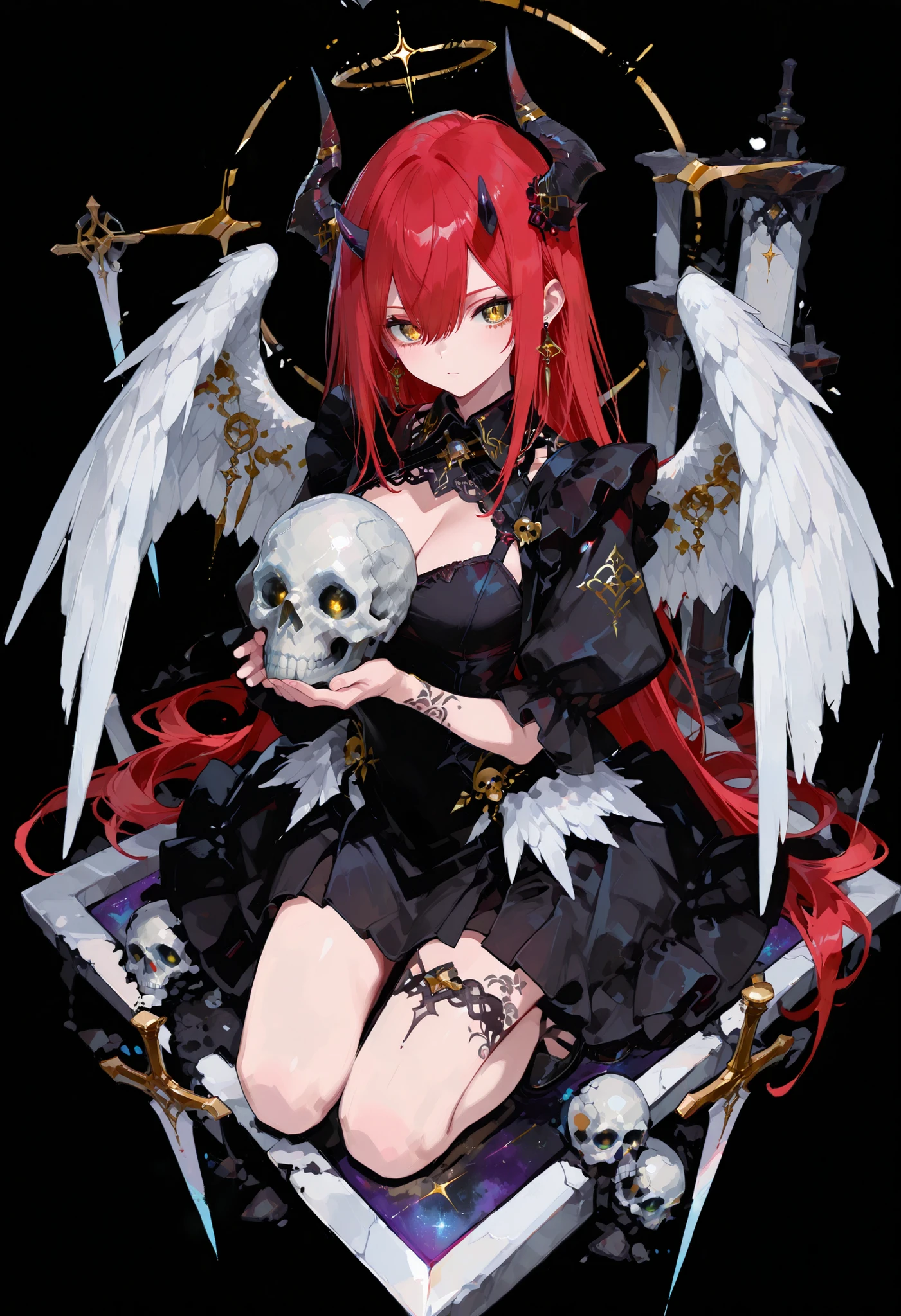 ((from above:1.2)),Flat color, limited palette, Line Clair,,,Concept art, standing on a diamond-shaped base.,Anime character with wings surrounded by skulls and horns, 1 girl , golden eyes , very long hair , long sidelocks, red hair, petite , very cute , beautiful ,Straight hair, cool, handsome, hair between eyes, sexy, female, medium large breasts, very cute, kawaii, with angel wings kneeling in front of the skull, one girl, solo, dress, long hair, hair accessory, looking at the viewer, jewelry, wings, black dress, virtual youtuber, horns, earrings, holding, tattoo, , score_9, score_8_up, score_7_up, source_anime, ,748cmstyle,Full body, Official art, Gacha Splash, Transparent background, Mini background, Masterpiece, Highres, Absurdes