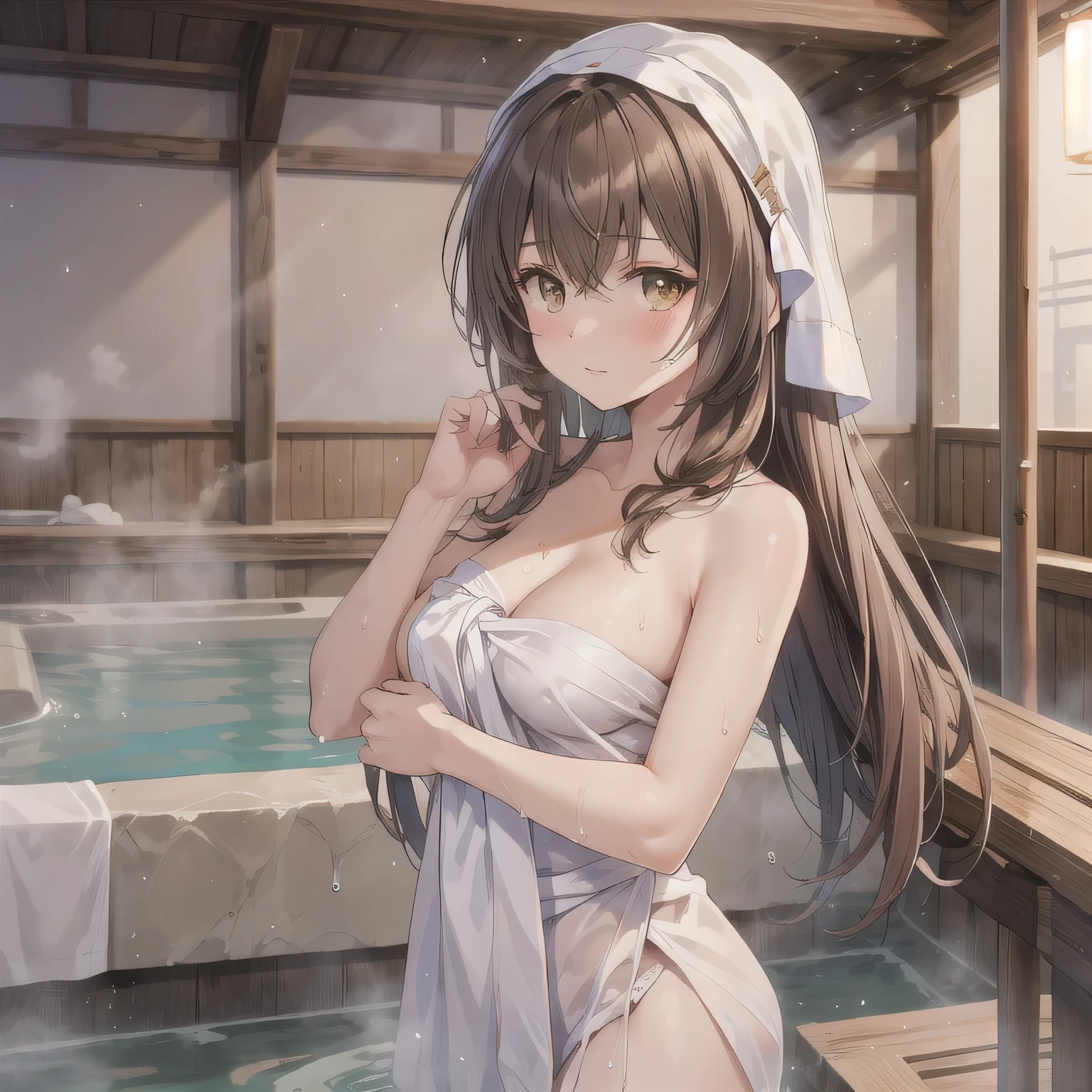 {{Wrapped in a bath towel}}Woman with a towel wrapped around her body, .illustration, hot spring, standing, Ghibli style, high resolution, mother