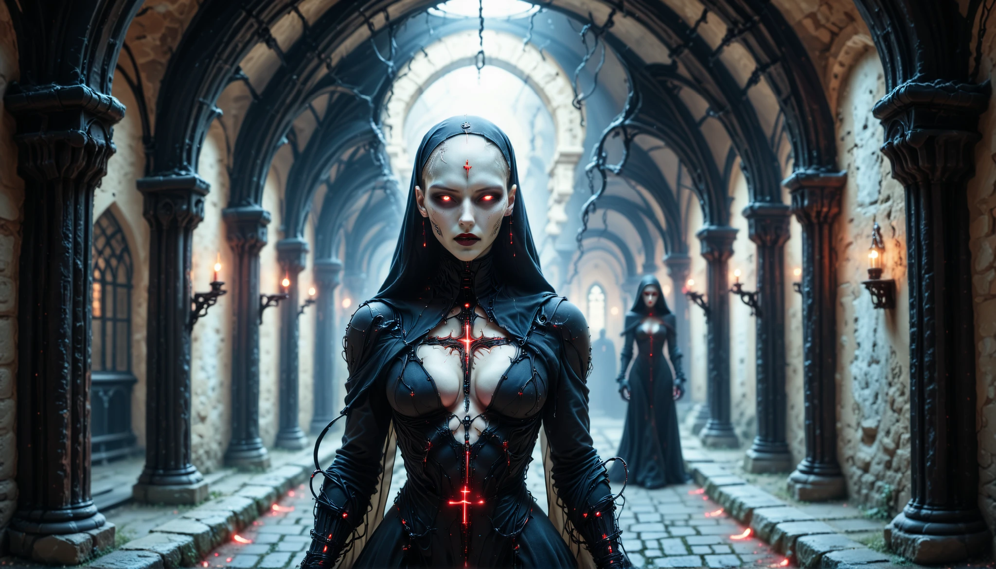 cybernetic corruption, seductive cybernatic vampire, Empty Monastery: Lone vampire nun with shaved head, glowing red eyes, in a black techno‑habit. She holds a flickering neon cross in a silent courtyard.