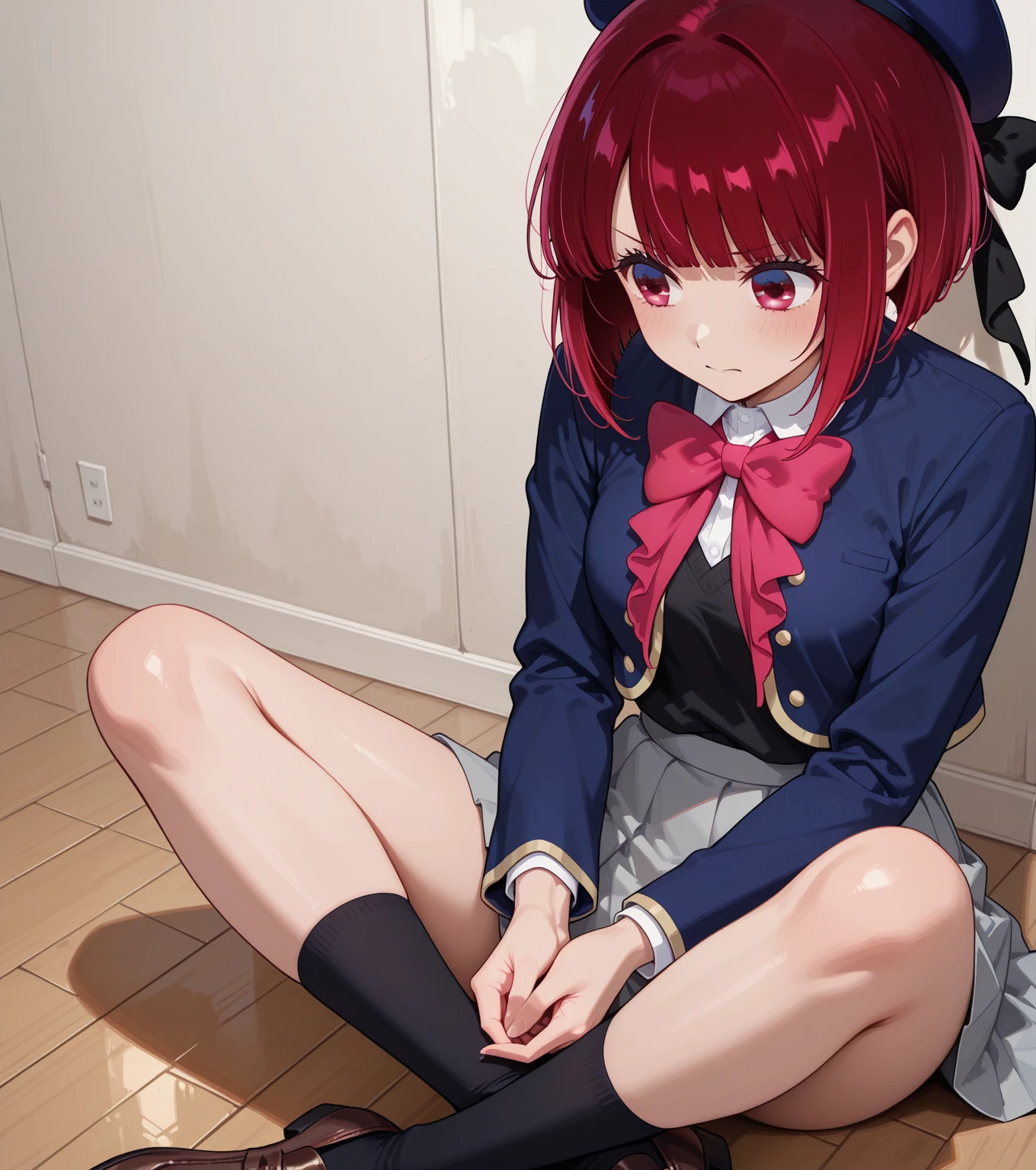 masterpiece, best quality, high resolution, 1girl, solo, Yuuki_Yuna, 1girl, solo, hair ornament, red eyes, thigh highs, long sleeves, school uniform, dress, bow, red ribbon, hair between eyes, White hair ribbon, bright red hair, black thigh highs, clothes lift, side ponytail,