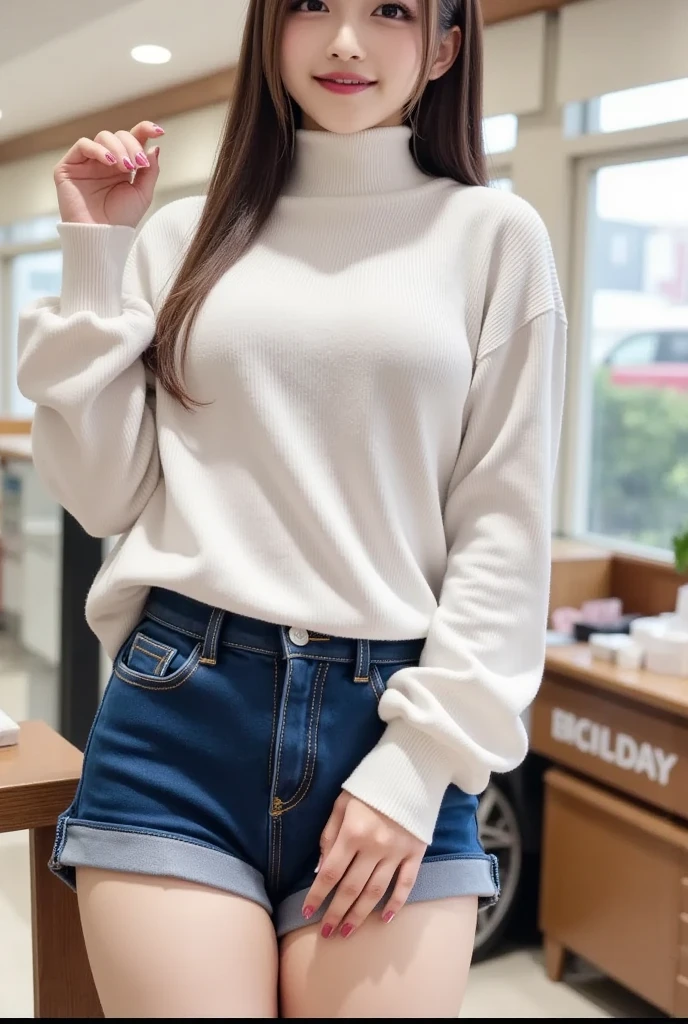 (Skin blemishes:1.2), (Skin Indentation), Dark circles, 1Missl, 25 years old, (((Miss))), Solitary, Practical, best quality, Reality, proficient, 8K, high resolution, Solitary, Extremely detailed face, (Professional lighting,Bokeh),(Light Particles,lens flare,Glowing particles:0.6),(Dynamic poses:1.2),Soft Lighting,Top angle view,fashionable atmosphere,China,street,City,Beijing,((During the day)), sky sky, ((Looking at the audience:1)), (Looking at the camera), Gorgeous, stand up, Maintain original facial proportions, Shave your shoulders, Full Body Love, (Medium chest), (Long, delicate hair), Brown hair, Flutter, Open lips, Lipstick, 迷人的Smile, Smile, Open your mouth, teeth, (Blue grey tight sweater), (White)(Business Mini Skirt),32 inches in the chest,(a charming smile:1), (sexy pose),(standing pose) , eyelash, birthmark, (Mole under the eye: 1),Proportionate legs, Thin and white,A pair of lotus feet,White and tender,No shoes,Delicate and beautiful feet,Focus on the chest,Full body image