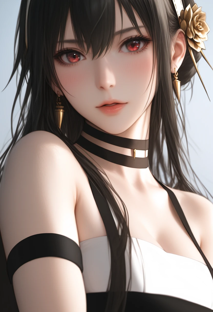 Close-up details, realistic style photo young woman, black hair, long hair, outstanding style, tall, cute, in her teens. Use soft lighting to cast gentle shadows on the subject, adding a touch of dimension to your images without compromising details, score_9, score_8_up, score_7_up, yor briar, black hair, sidelock, white hairband, red eyes, (bare shoulders, japanese clothes, sleeveless, choker, sash, armband:1.1), ninja, sweat, wishful