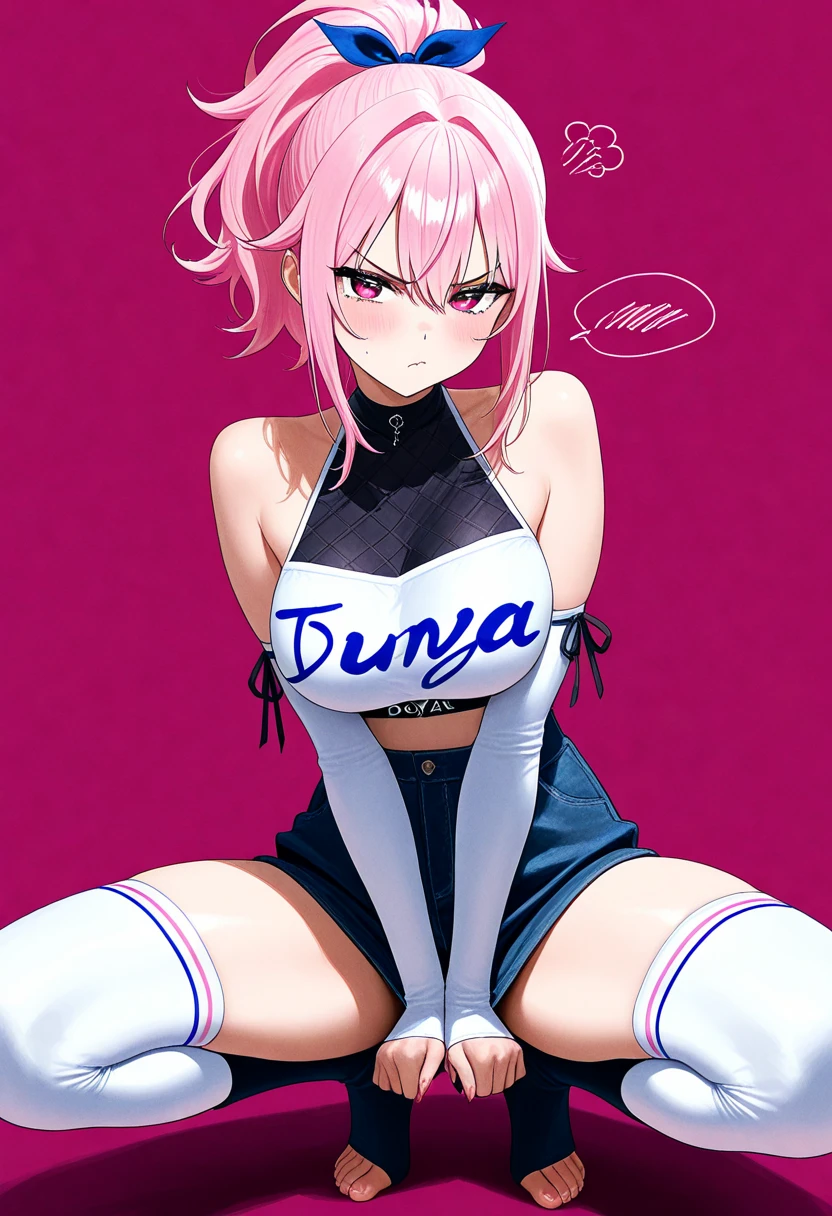 highres,1girl,animal ears,KEMOMIMI,bangs,brown hair,blush,heterochromia,red eye,green eye,red and green odd eyes,open mouth,fang,dark-skinned female,hair between eyes,hair ornament,hairclip,looking at viewer,smile,solo,v-shaped eyebrows,thighhighs,underwear,sweater,ponytail,Short messy hair,purple hair,two or more colors,white background,simple background,streetwear,taut clothing,sneakers,helltaker,Long tongue out,harada takehito