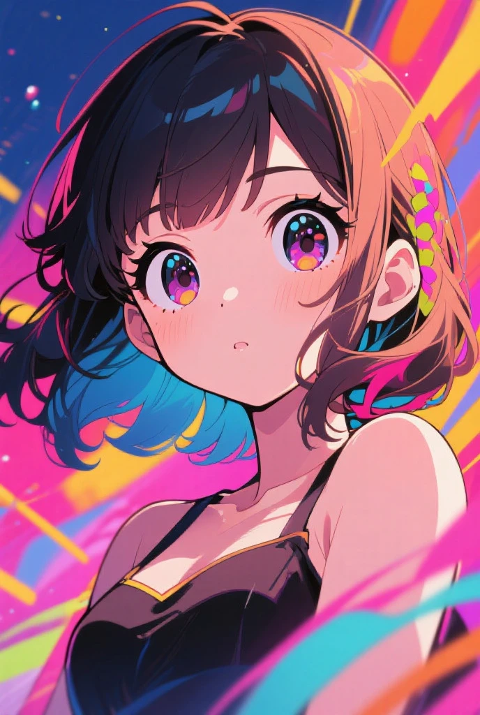 detailed textures, high quality, high resolution, high precision, realism, color correction, correct lighting settings, harmonious composition. An intricate anime-style illustration of a girl with dark hair and large, expressive eyes. She is wearing a highly detailed, colorful dress with geometric and floral patterns. The background features abstract, pastel-colored shapes and lines, creating a modern and artistic atmosphere. --ar 3:4 --style raw --stylize 600 --niji 6