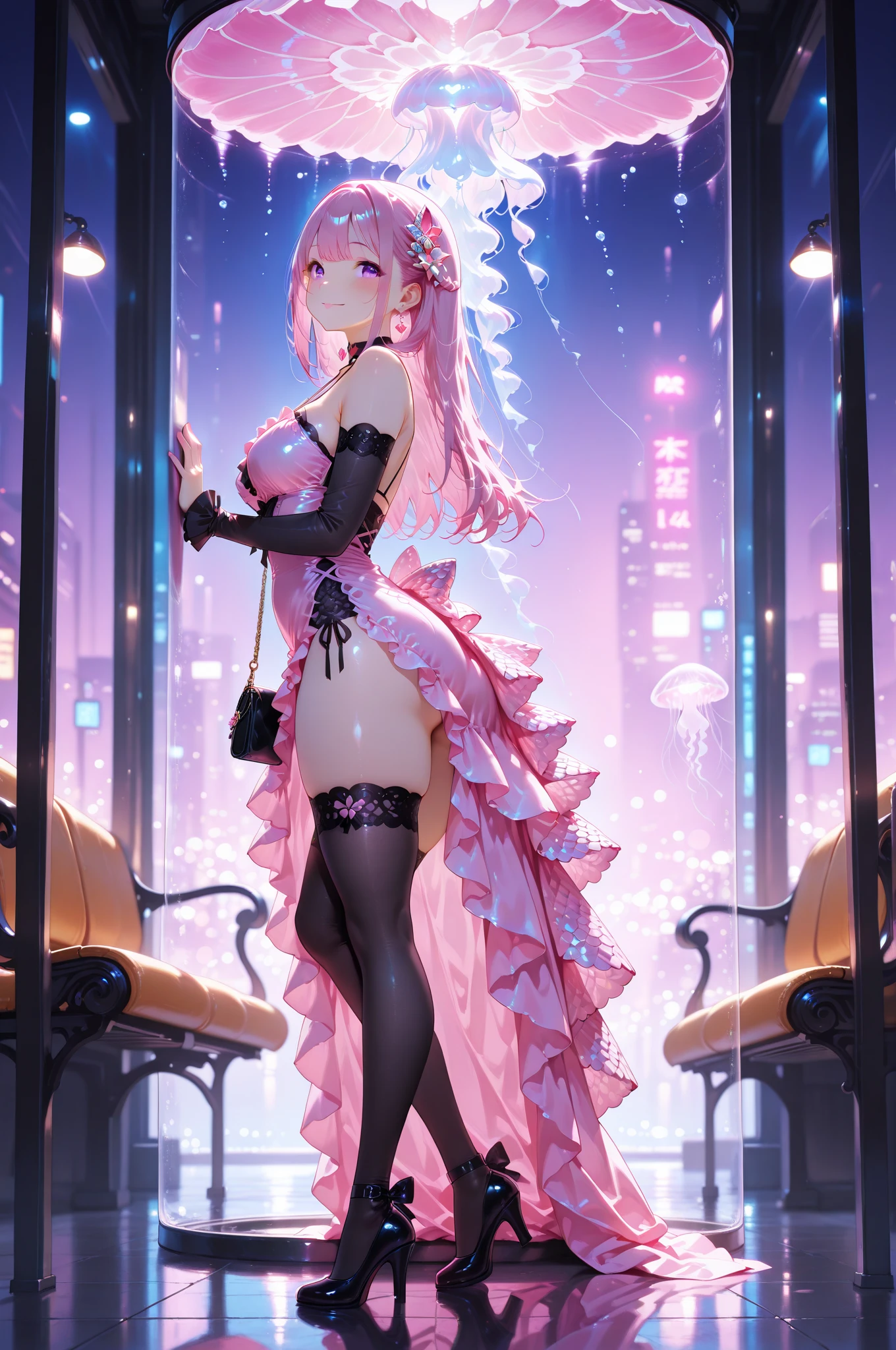 Best Quality,Detailed and cute eyes,Very cute face,(Solo Girl),(gigantic breasts:1.5),(Pink hair),(low twintails:1.4),Scrunchie,(Big light blue eyes),A very happy smile,Blushing,Open your mouth wide,View Viewer,BREAK,(black see-through evening dress,Cross halter neck,No sleeve,lace fabric dresses,Long skirt,Underwear visible through sheer clothing:1.5),Night Background,Large garden,Large fountain,Are standing,Cowboy Shot,Dynamic Pose