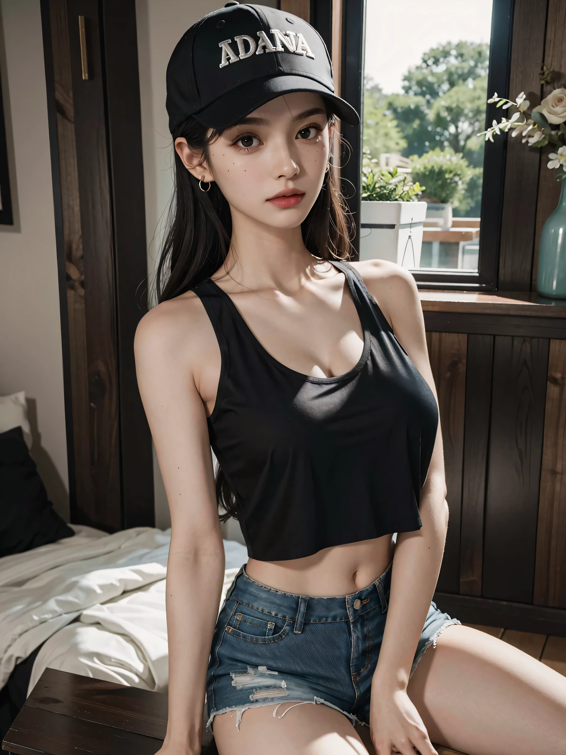 Elephant tattoo on body, Thai girl,beautiful girl, black hair, huge breasts, wearing a tank top, wearing a shorts, sexy post, in the farm.