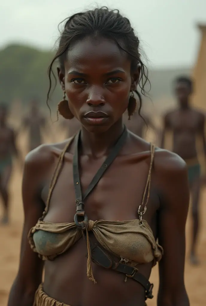 full body photo, RAW, analog, 17th century, vintage image, beautiful African slave naked , (((restrained))), (hairy pussy:1.2), senzala, standing, scared, dirty hair, dirty skin, dirty face, ((handcuffed)), no panties, legs apart, ((small breasts)), detailing intricate, highly detailed, sharp focus, professional, beatifull black eyes, small, delicate, high resolution, detailed facial features, high detail, sunlight, soft, photography, perfect irises, perfect pupils, perfect hands, perfect fingers