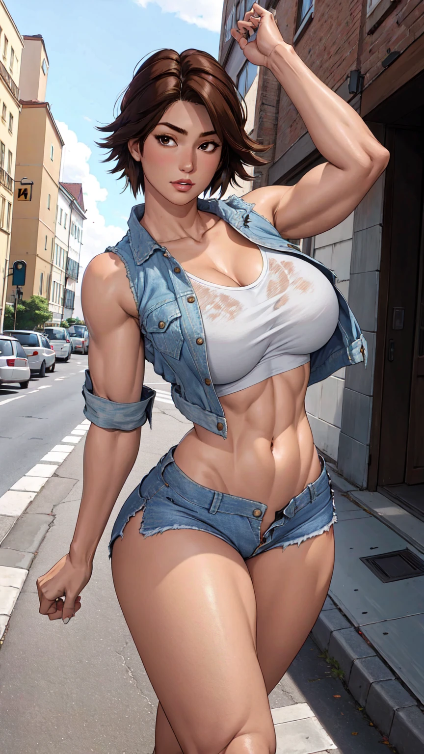 unparalleled masterpiece, ultra realistic 8k CG, perfect artwork, (1girl:1.1) , solo, ((perfect female figure)), (nsfw), looking at viewer, female, bimbo oid 18) standing, (teasing), best quality:1.1 , seductive posture, sexy pose, uring, (beautiful), (curvy), (thick), blonde hair, (blue eyes:1.2), short hair, earrings, jewelry, denim vest, open vest, black pantyhose, blairt, denim skirt, striped long sleeves, blue skirt, toned legs, fit, (abs:1.1), (big butt:1.4), peach asathletic body:1.2(large breasts:1.3, (big_breasts:ide_hips:1.5, narrt, small waist:1.5, slender body:1.2, thick thighs:1.3), (shiny skin:1.2), (hdr), (street:1.2), Nikon D850 film stock photograph Kodak Portra 400 camera f1.6 lens, rich colors, lifelike texture, dramatic lighting, unreal engine, trending on ArtStation, by Gerald Brom, by Frank Frazetta, by Luis Royo, by Julie Bell, by Boris Vallejo