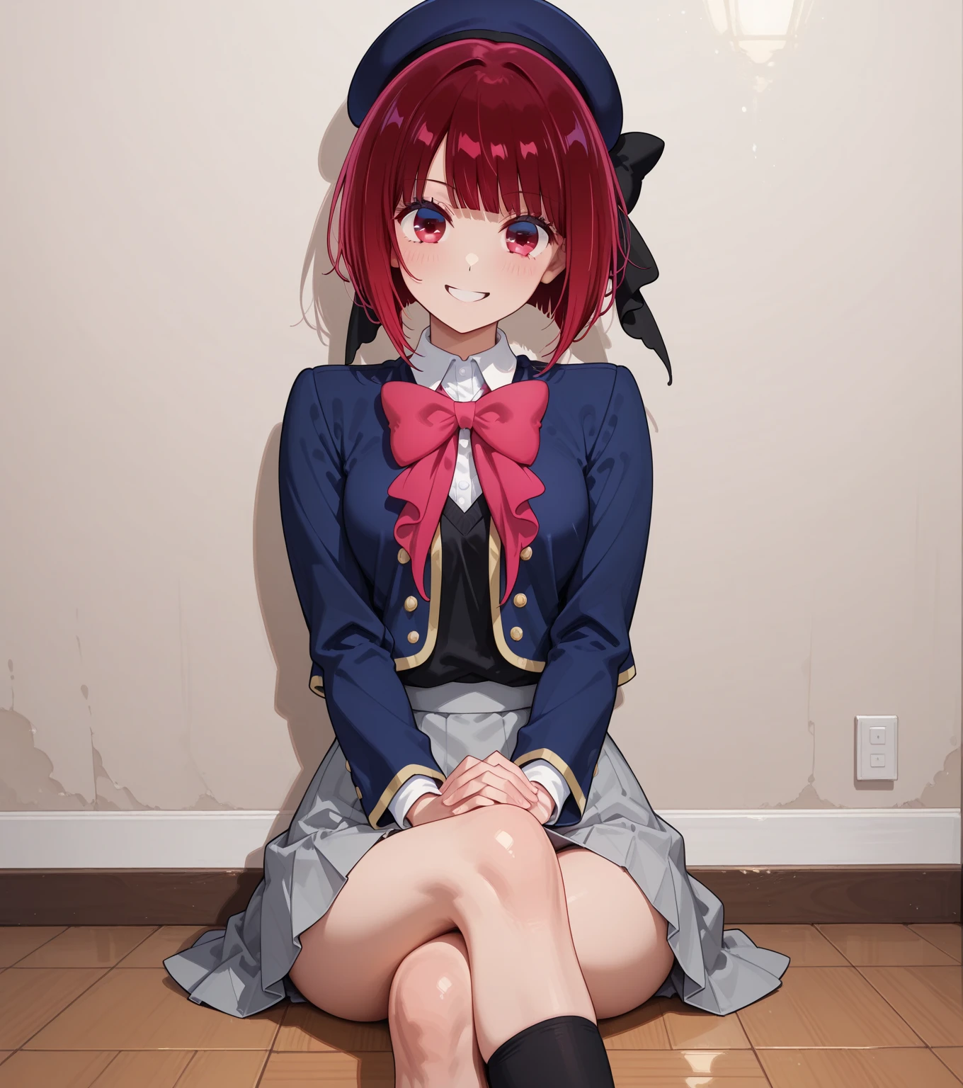 kanaarima, kana arima, bob cut, (red eyes:1.5), red hair, short hair,
BREAK beret, blue headwear, blue jacket, blue vest, hat, jacket, pantyhose, ribbon, school uniform, skirt, vest, youtou high school uniform,
BREAK looking at viewer,
BREAK indoors, classroom,
BREAK (masterpiece:1.2), best quality, high resolution, unity 8k wallpaper, (illustration:0.8), (beautiful detailed eyes:1.6), extremely detailed face, perfect lighting, extremely detailed CG, (perfect hands, perfect anatomy),(white panties:1.5), perineum, groin, small breasts, (sitting on floor), skirt lift, (knee up, spread legs:1.5), (short, tiny, little:1.5), smile, open mouth, from below, cowboy shot, dutch angle