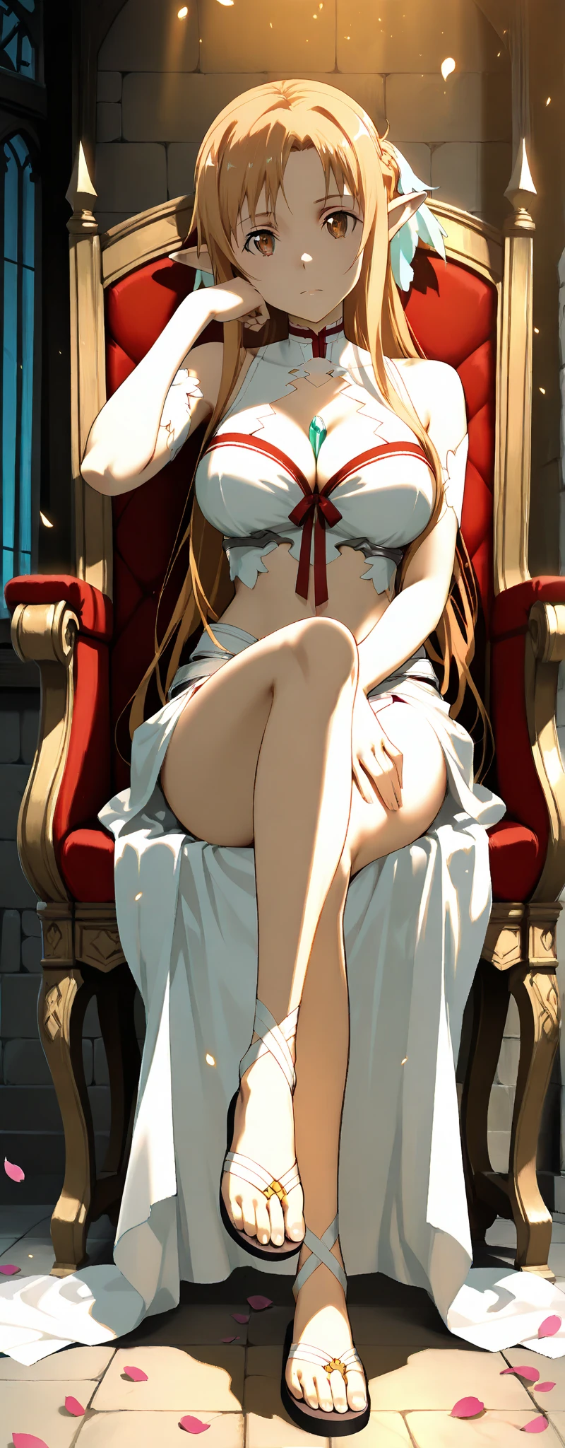 (masterpiece, best quality) 1girlsolo (the empress:1.15) platinum blonde, long hair (red cape) curtain, armored dress, queen dress, aurora (sunshine, sky, river, forest) expressionless, red eyes, very long hair (art nouveau:1.2) alphonse mucha, tiara (face focus, upper body) sit (red throne:1.12) crossing legs, highly intricate details, realistic light, smile