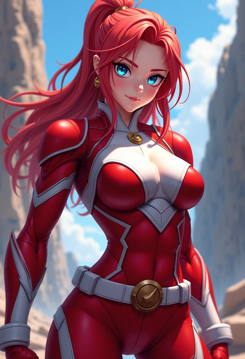 masterpiece, best quality:1.2),intricate details, Nemstyle, 1girl, solo, long hair, breasts, looking at viewer, smile, bangs, large breasts, gloves, cleavage, hair between eyes, jewelry, green eyes, red hair, multicolored hair, black gloves, bodysuit, halo, ankh, compass rose halo, jack-o' valentine<lora:NemstyleV1:1>