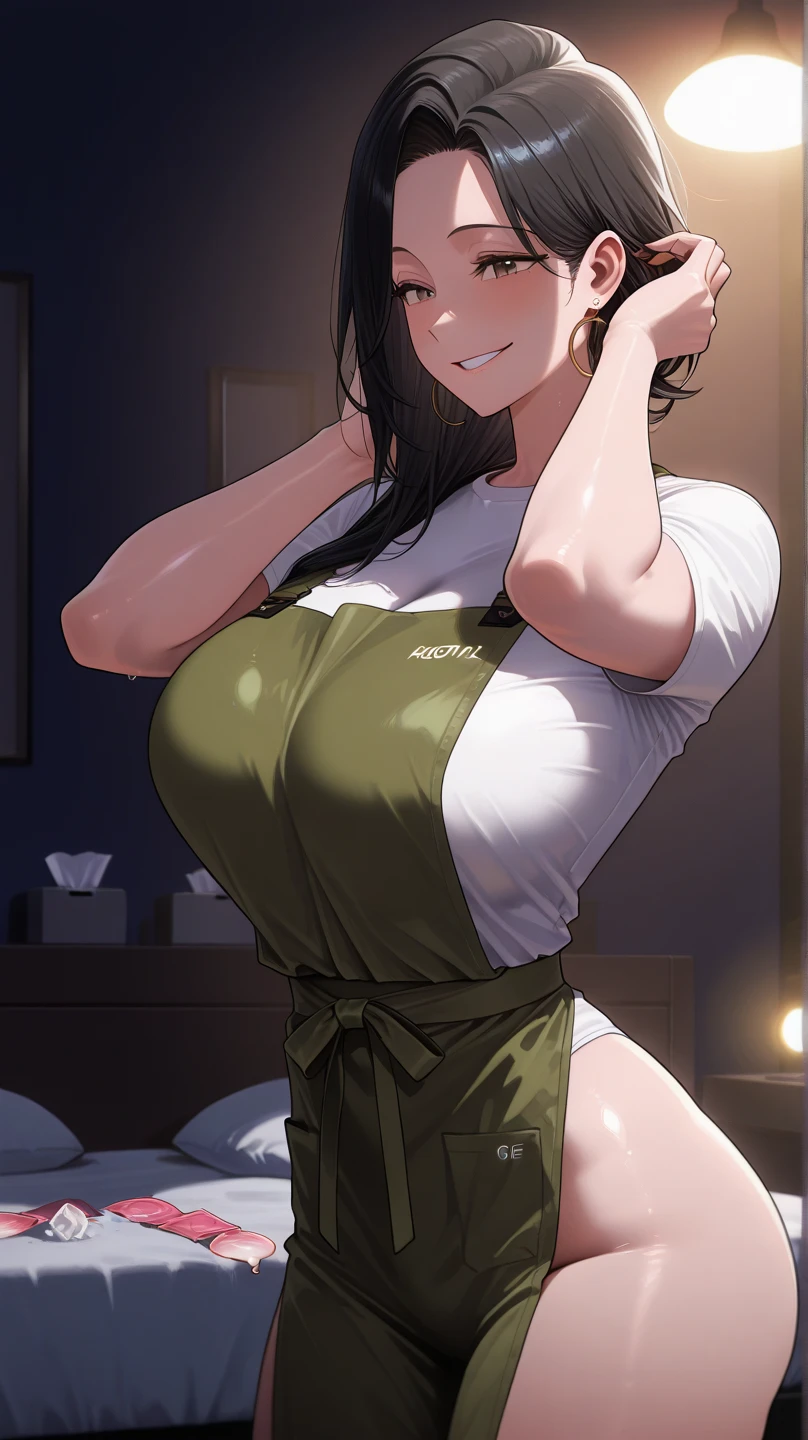 Cowgirl, Futa, futa on girl, Thicc, Sweaty body, milf, (beautiful, (masterpiece: 1.2), (best quality: 1.2), sarcastic smile, perfect lighting, ((masterpiece)), (best quality), ( detailed), (1 girl), mommy, synthetic body, excited look, shy smile, totally sweaty, Home clothes, apron, kitchen