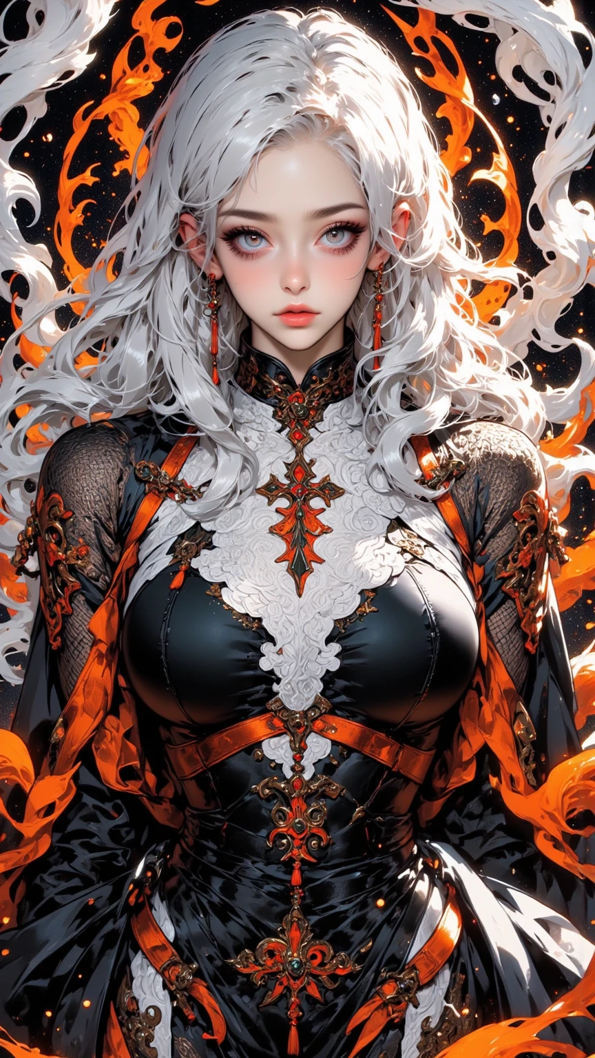 Undead Maiden, 3D,Delicate and seductive face,Wearing Rococo complex black bone joint armor, Upturned breasts,Skulls are everywhere, ripped apart, Delicate bone blood stained with blood,There is a bony crown on the head,The expression is hideous, Heterochromia, Silver hair, floated hair, Wavy hair, Halo, crescent hair ornament, Red eyes, long eyelasher, White bone pendant, Armed with the Grim Reaper Scythe, The scythe has green complex runes on it, light and shadow are scattered,Interweave this big fireball,Vignetting, Verism, surrealism, Rococo style, Ray tracing, Sparkle, Cinematic lighting, Motion blur, god light, chromatic aberration abuse, character sheets, hyper HD, retinas, Masterpiece, ccurate, Textured skin, Anatomically correct, Super detail, High details, High quality, Best quality, A high resolution, 16k