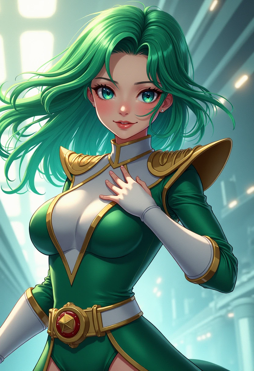 Cartoon photo of busty woman in blue and green and yellow costume、Hot insect humanoid female、Guyver Style、SFW version、Scarabeleploid、tail、Cel Shade Adult Animation、Alien Queen、Core Crystal、