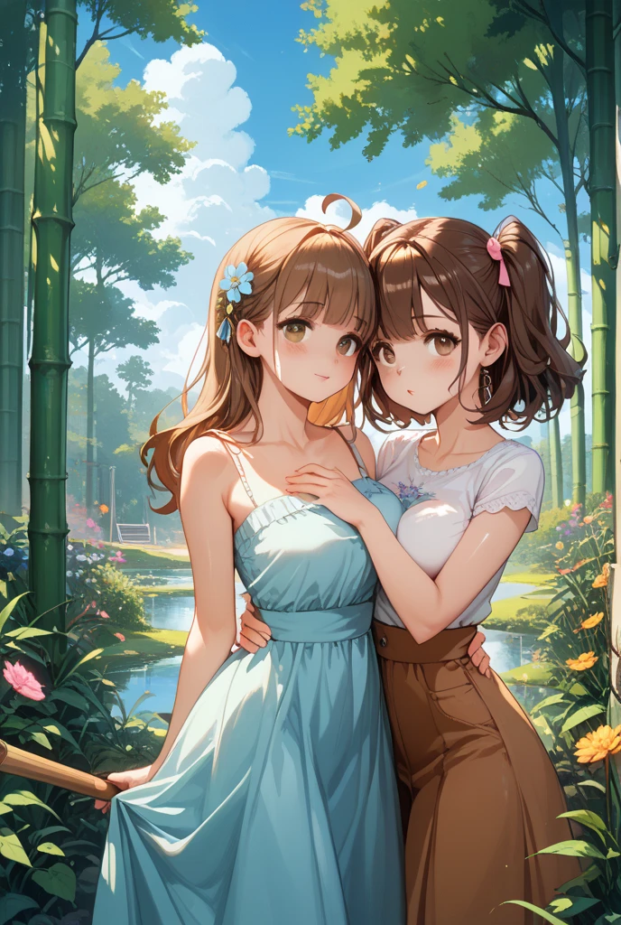 Two sisters with brown hair and brown eyes older one with mature looks while younger one with cute, innocent looks