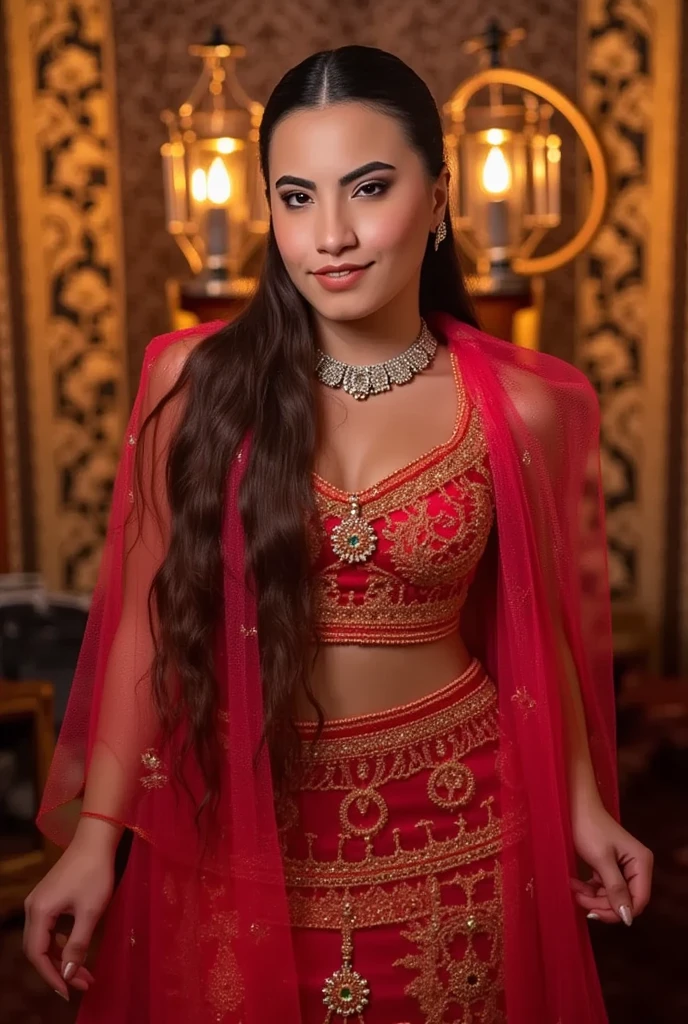 Sure, here's the modified prompt:
Realistic Image Prompt:
Create an ultra-realistic image of a modern, attractive female influencer of Indian descent, aged between 27 to 30. She should have a warm and inviting smile, expressive almond-shaped eyes with a slight shimmer, and clear, glowing skin with a medium brown complexion. Her features should be well-defined, with high cheekbones and a sharp jawline. Her hair should be long, thick, and wavy, with a natural shine and bounce, styled in loose waves. The top half of her hair is pulled back and secured with a clip or tie, and her hair color is a vibrant, warm red that’s eye-catching and bold. She should have a slender yet athletic build, reflecting a healthy and active lifestyle, with a bust size of medium (40-42 inches), offering a balanced and proportionate look.
She is wearing a Royal Blue Silk Saree with a Silver Sequin Blouse that highlights her toned figure. Her outfit is completed with stylish black heeled sandals that add elegance to her look. She accessorizes with subtle yet chic jewelry, such as small hoop earrings and a few thin bangles.
The background should feature a majestic palace or heritage building with intricate architecture, suggesting a blend of traditional and contemporary aesthetics. Her overall appearance should exude confidence, approachability, and sophistication, capturing the essence of a contemporary Indian fashion influencer.