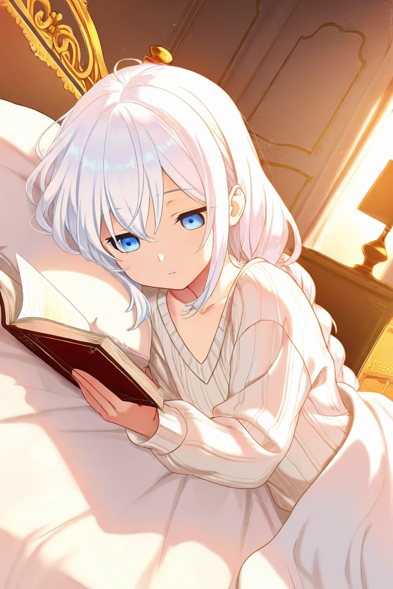anime girl with white hair laying on bed reading a book, bright white skin, elf girl, pale, snow-white skin, white and shiny skin, cell shadow adult animation, relaxed pose, relaxed dwarf with white hair, pale gray skin, character is in her natural pose, neutral pose, holding a modest pose, r / art, r /art, r/art