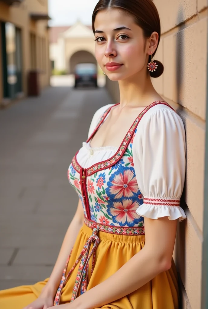 front view,  standing on grass,  looking at viewer, female 20 years-old, (brown hair ,double braid, smile), flower crown,  slime body, traditional German costumes from the 1930s. (The women are wearing  embroidered Dirndls, which include a close-fitting bodice with a low neckline, a blouse worn under the bodice), (Black wide high-waisted skirt, An ankle-length skirt ), (White apron, flower arrange embroidered apron).  The setting is a rural village during a festival, with people engaging in traditional activities and celebrating their heritage .textured skin , HI detailed skin, (foreshortening, Canon, 8K, anatomically correct, super detail, high details, highness)