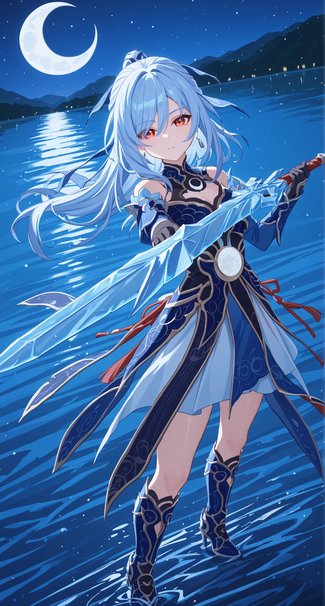 nsfw,Jingliu,glass cover,side shot,alternate color,masterpiece,detailed illustration,lifelike,{{{1Jingliu}}},shiny beautiful woman,cinematic lighting,dynamic angle,dynamic pose,depth of field,looking at viewer,1girl,jgsd,red eyes,blue armored dress,white skirt,tassels,hair ribbon,black gloves,blue sleeves,armored boots,light blue skirt,lake,night,midnight sky,crescent moon,battoujutsu stance,holding an Ice sword,expressionless,standing,contrapposto,arched back,open legs