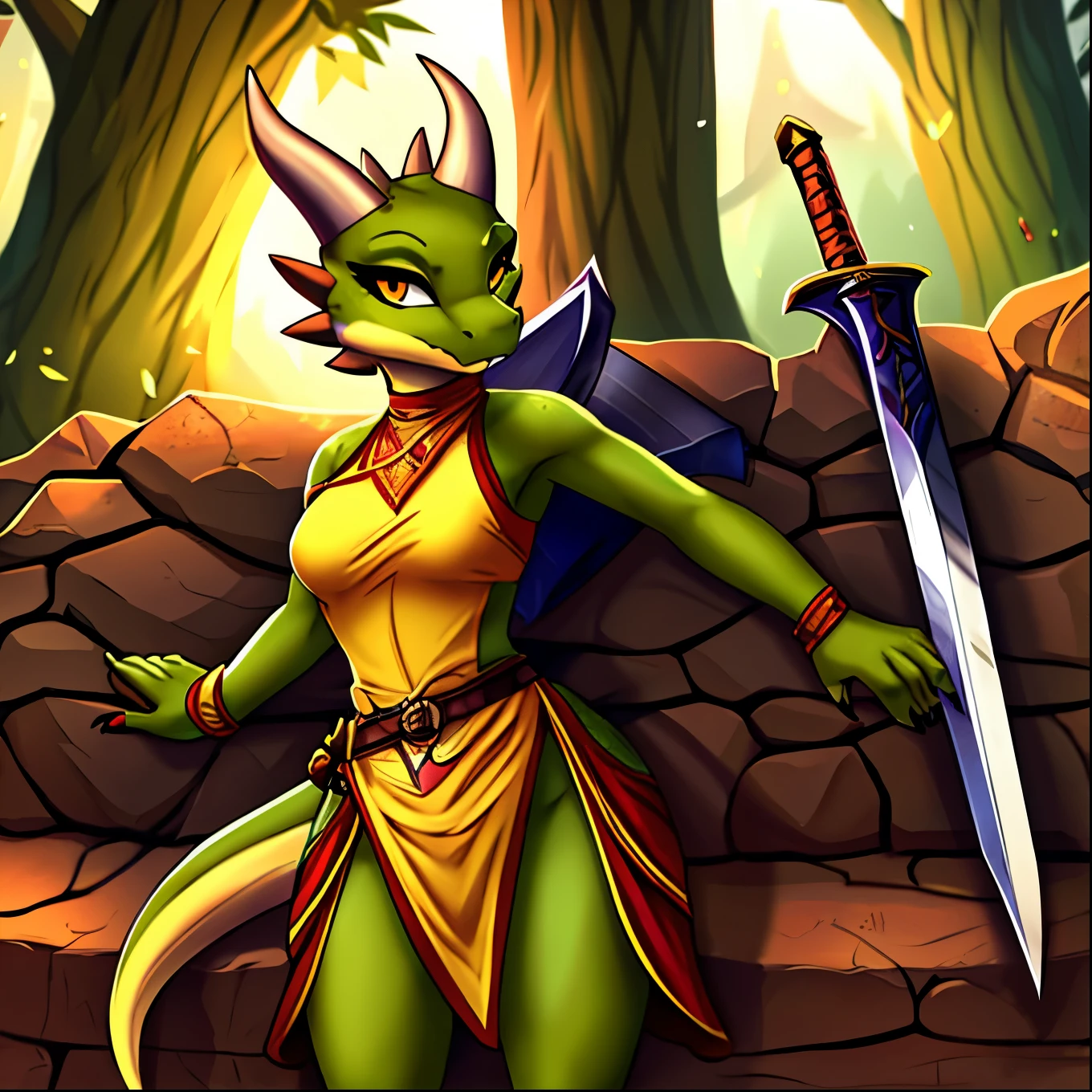 Best quality, masterpiece, kobold, furry, anthro, female, 1girl, green scales, horns, yellow eyes, sword and shield