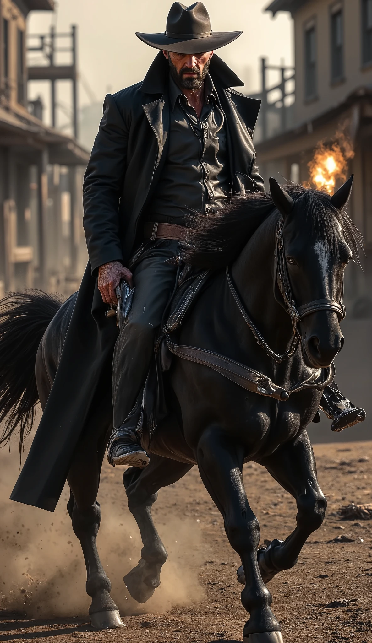 A rugged Wild West gunslinger in a dramatic medium shot, riding a powerful black stallion through a dirty, cold, and windswept frontier town. The gunslinger wears a stunning dark leather duster coat that billows behind him in the wind. A wide-brimmed hat casts a moody shadow over his eyes, but his face is clearly visible, sharply focused, and photorealistic — weathered skin, clenched jaw, visible pores, dust and stubble, with intense, unwavering eyes.
In his right hand, he holds a smoking revolver, mid-action — the muzzle flash is clearly captured in crisp, dynamic detail, illuminating his stern face and casting highlights on the metallic surface of the weapon, which he aims with precision. His left hand tightly clutches the reins of his rearing black stallion — muscular, wild-eyed, its hooves kicking up a mix of dust and mud, mane whipping in the wind.
The horse charges down a dirt path flanked by twisted cacti and broken fence posts. In the defocused background, a chaotic border town shimmers with saloon doors flung open, smoke curling into the sky, suggesting the aftermath — or the arrival — of violence. Everything is framed in a cinematic composition, with an ultra-shallow depth of field: the gunslinger and horse in razor-sharp focus, background artfully blurred.
Lighting is sunset-golden and cinematic, with a strong backlight cutting through dust, mist, and atmosphere. Hyperreal textures: cracked leather, gritty skin, horsehair, and debris are vividly rendered. Mimics professional photography with an 85mm lens, f/1.8 aperture, ISO 200, 1/2000 shutter speed — freezing motion while preserving rich detail and dynamic contrast. Realistic skin texture, minor imperfections, natural asymmetry, and soft chromatic aberration complete the scene.
Style: Hyperrealistic cinematic photography, ultra-sharp focus on face and weapon, high-motion drama, golden hour tones, rich western aesthetic
Keywords: cowboy revolver muzzle flash, focused rugged face, black stallion, deta