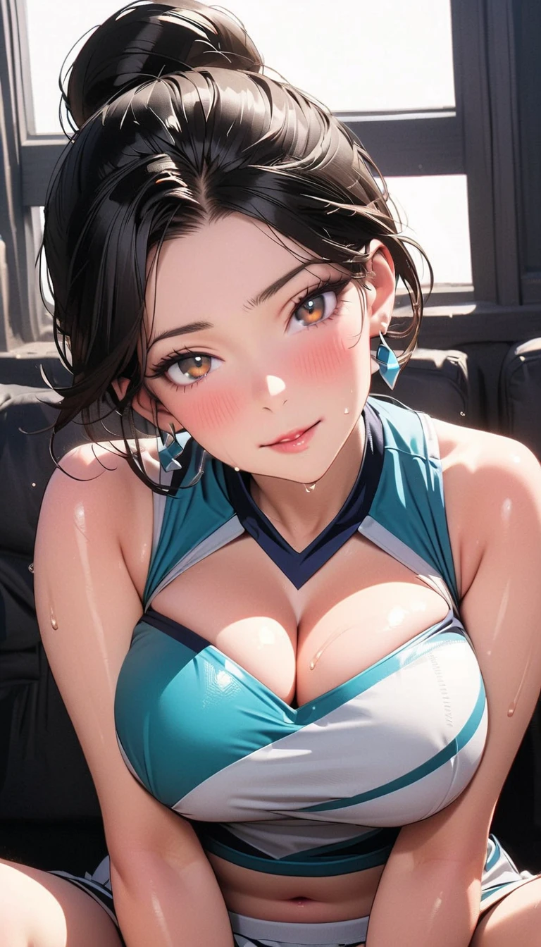 Browsing Caution,(((One person, One person, {Highest quality}, {so beautiful}, {Very detailedな}, {Best illustrations}, Browsing Caution, Kneel, Tight camisole, {{{Place your penis under your armpit:1.2}}}, in the armpits:1.3))),(Highest quality, 8k, masterpiece:1.3,beautiful girl), (Very detailed)Glowing Skin,(((Long Hair,ponytail,Blue Ribbon,Beautiful Hair))),(Perfect Anatomy, Anatomically cまたはrect, Very detailed肌),((Golden Eyes,Droopy eyes,Narrow eyes,rather thick eyebrows:1.2)),((Perfect Fingers,Five Fingers)), Mole under the eye,Double teeth,Big Breasts,Big Ass,high school girl,Very smiling,((Track and field uniforms:1.2,)),((Athletics Stadium)),(((Natural Makeup))),After execution,Sweating all over the body,