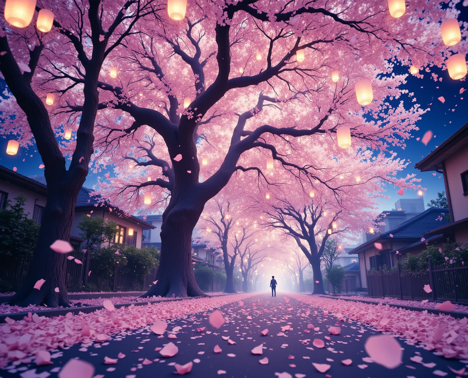 a serene and dreamlike anime-style night scene of an abandoned street transformed into a grove of glowing cherry blossom trees, their petals gently falling and covering the ground like snow, no people in sight, the houses replaced by massive ancient sakura trees with twisted trunks and glowing bark, delicate paper lanterns shaped like hōzuki (Japanese lantern plants) floating in the air and softly illuminating the path, a misty atmosphere curling around the trees, faint echoes of distant festival sounds, surreal lighting with soft blues and warm orange glows, Makoto Shinkai inspired lighting, ethereal and emotional mood, soft bokeh, film grain, wide-angle composition
