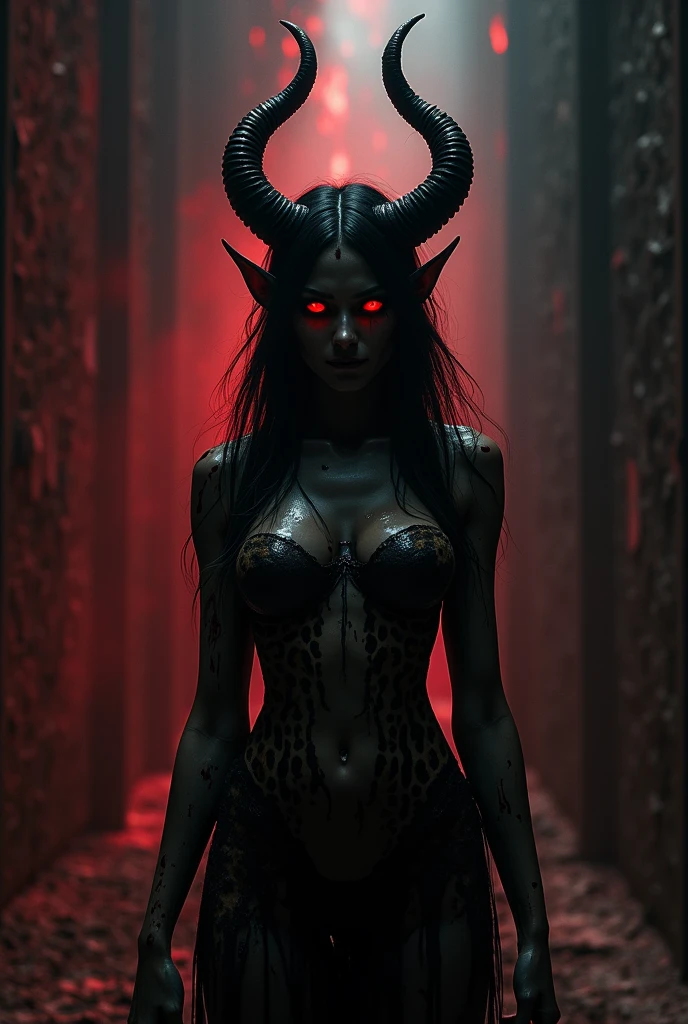 Topless, young girl with horns, demonic, glowing eyes, baphomet, dark fantasy, dark art, occult, gothic, chiaroscuro lighting, cinematic, dramatic, high contrast, moody, deep shadows, saturated colors, dramatic pose, hyperrealistic, octane render, concept art, 8k, detailed face and body, intricate details, dramatic lighting, atmospheric, cinematic composition
