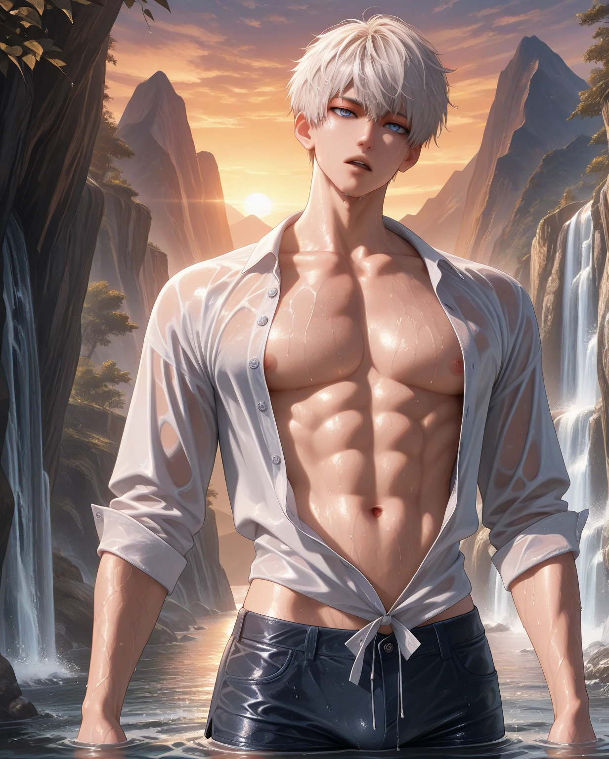 1 male, Japanese male model, high resolution 4k, young, handsome, perfect face detail, detailed eyes and face, clean shaved, sixpack, white eyebrow hair, white eyelashes, Naked torso, Detailed face, perfect face, dynamic lighting, Real skin texture, Perfect hand details, Real and complete hand details, unreal engine, hd picture, satoru gojo, Jujutsu kaisen, white hair, short hair ,hair between eyes ,blue eyes, white skin, Waterfall Background, Water details, water gun