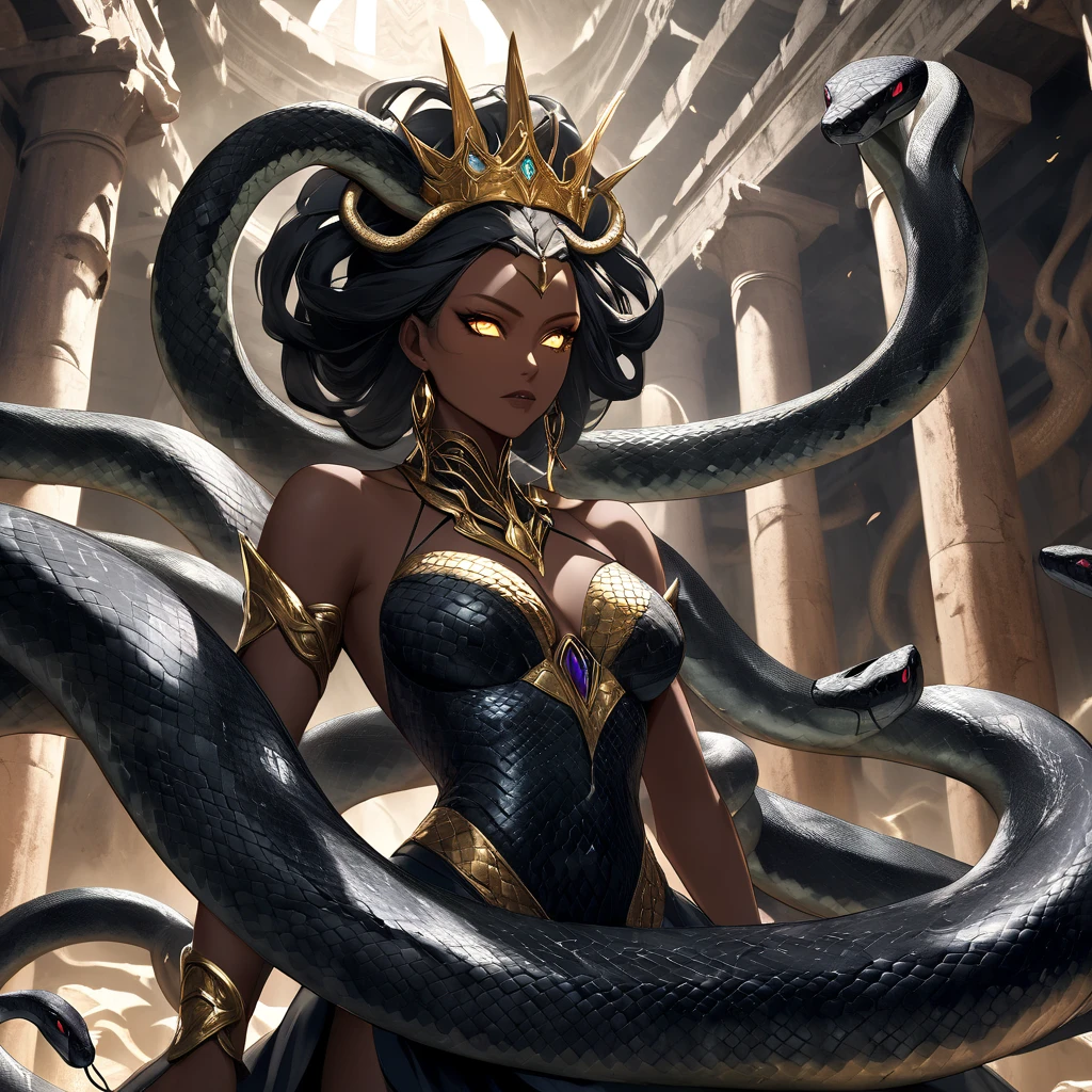 ((medusa monster from Greek mythology)), ((best quality)), ((masterpiece)), ((realistic)), full body, the hair is composed of countless small snakes, female face, metal carved top, royal aura, trend on artstation , sharp focus, studio photo, intricate detail, very detailed, detailed eye, illustration, very detailed, sharp focus, digital render, professional, 4k,((medusa monster from Greek mythology))