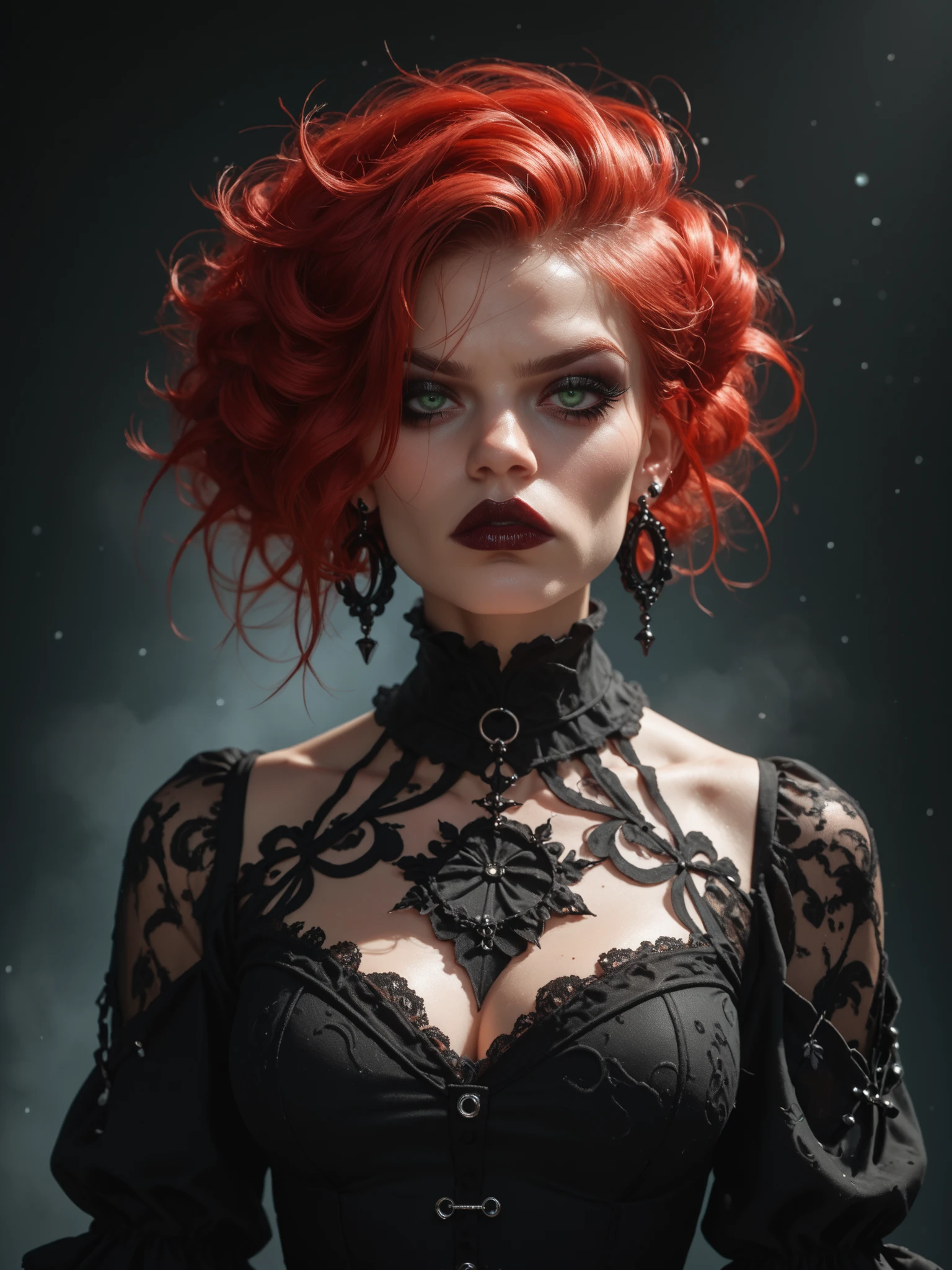 Gothic style, huge ballroom, woman, red hair, hairstyle, fashionable, gaze, tilted her head, very cold look, indifference, arrogance, green eyes, gothic clothes, bare breasts peek through