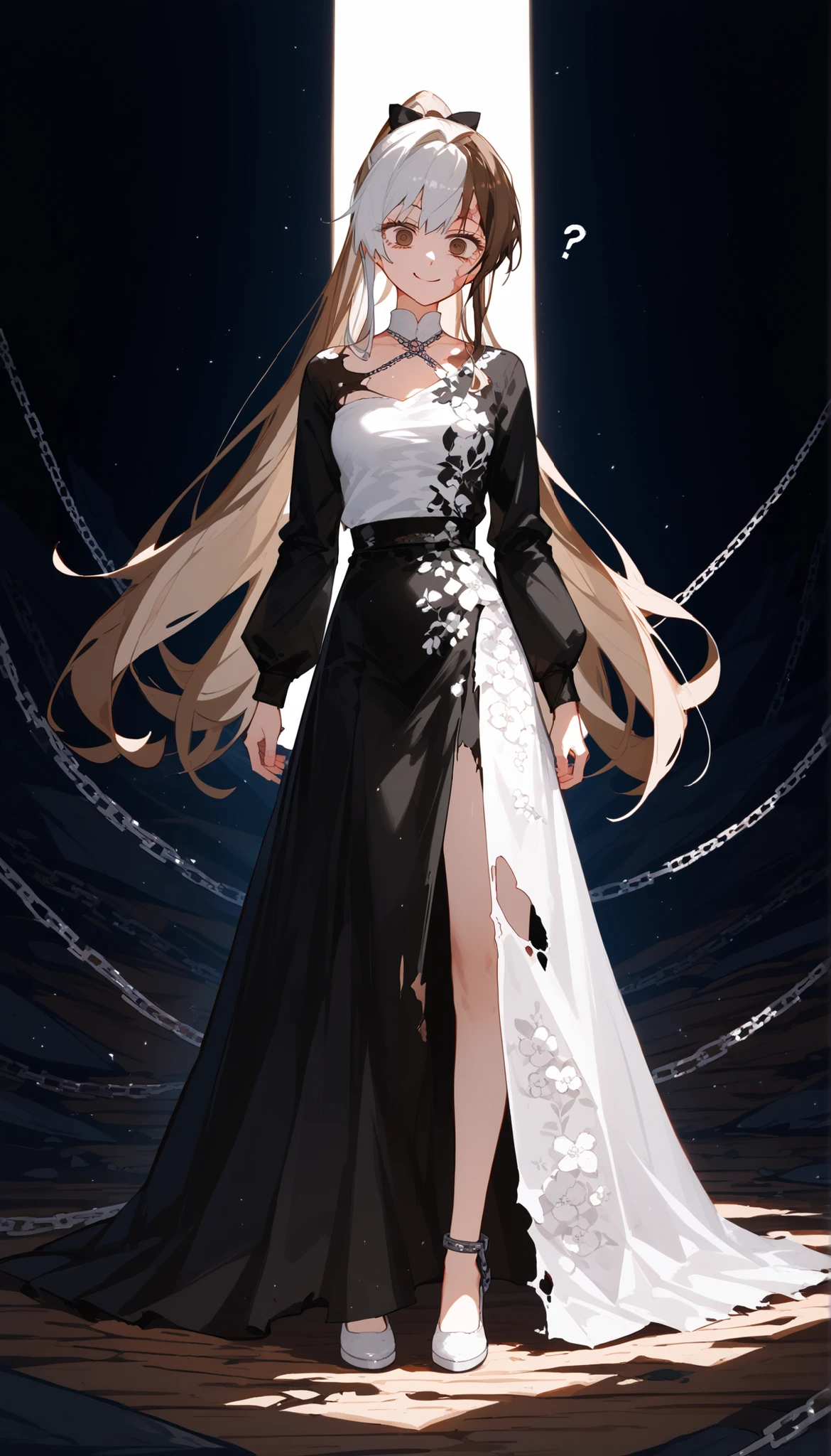 girl,very long hair, in brown eyes,thin,thinมาก,milf,Small Breasts,white peach one-shirt,Slim legs, Empty eyes,Alkaline ,Long Eyelashes,Vintage Dress,smile,Top lighting,In the cave,white floral ground,,white hair,, burns?,Burn scar,girlแมลง,girlตะขาบ,crazy,standing up,Fractured face,long skirt,Torn skirt, stocking arm black,Long Black Sleeve,brown hair,Two tone hair , torn shirt,hair split ends, psychic power,Wood roots,The chain is broken.,prisoner,Ponytail at the end of long hair,