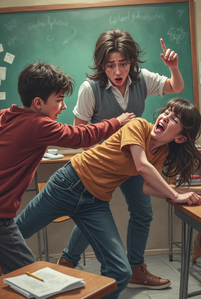 Two students fights of opposite gender in a school classroom