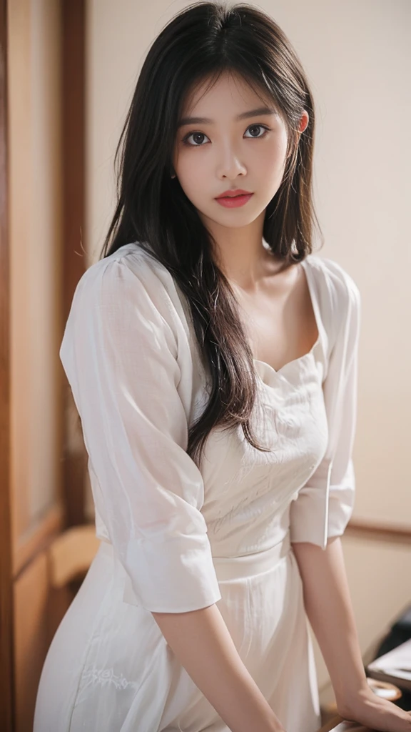 A perfect young female white-collar worker,Chinese,High picture quality,Works of masters,Black hair,Long hair flowing over the shoulders,Blured background,outside, deep shadow, Real Human,CG rendering,16k,Stand up,Empty interior,Do not show your hands,Close-up shot